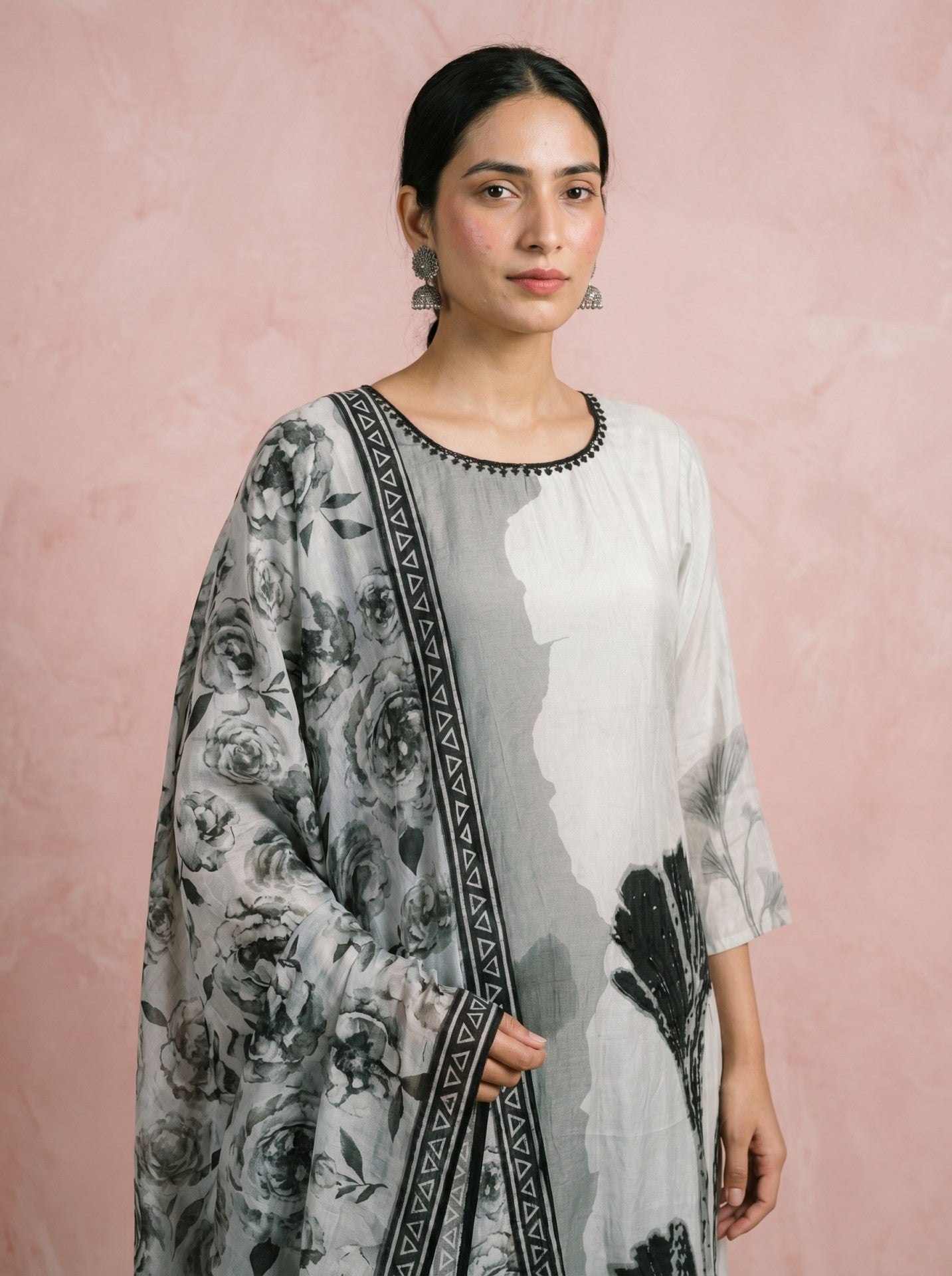 White Muslin Printed Suit Set With Dupatta