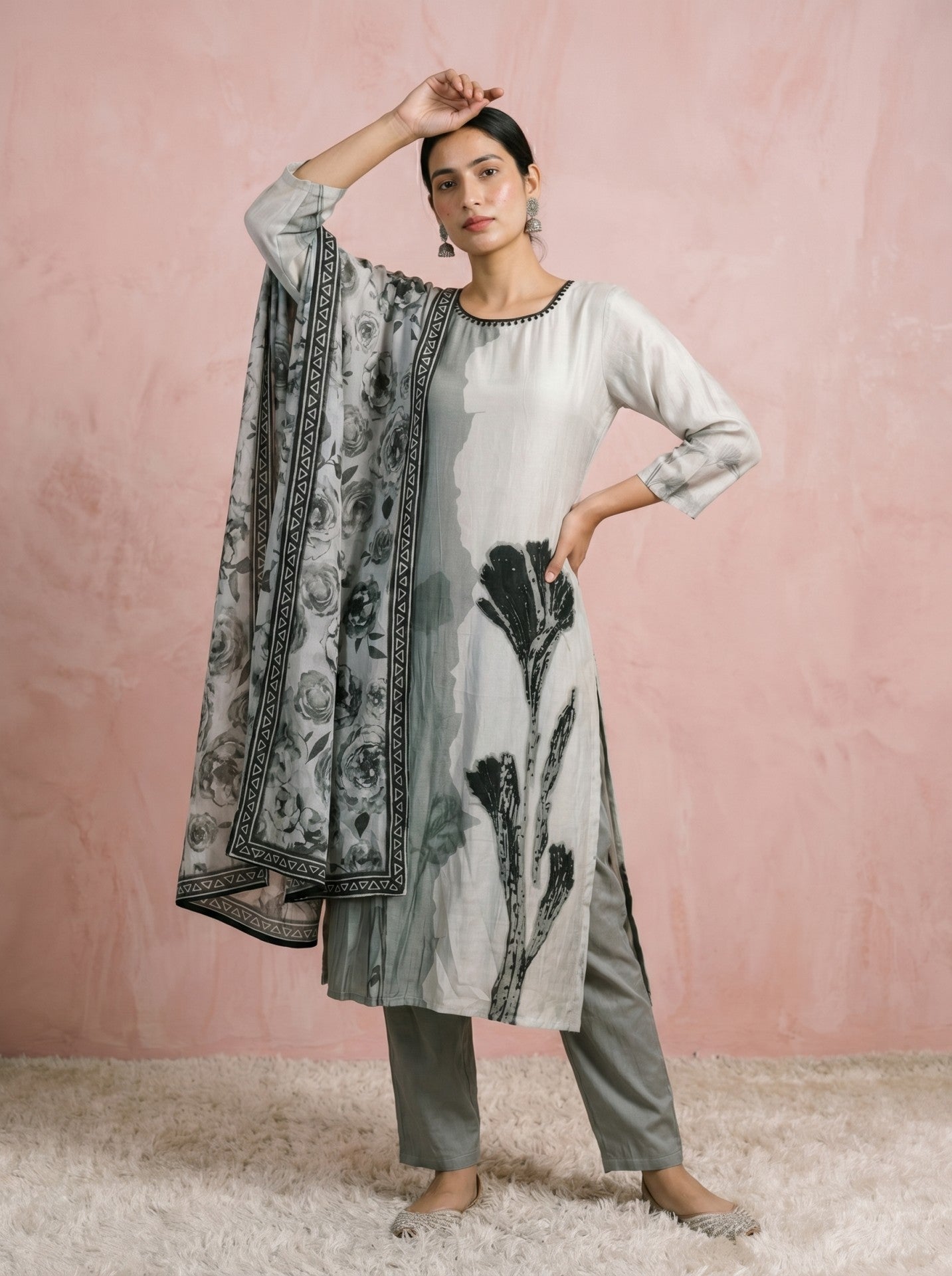 White Muslin Printed Suit Set With Dupatta