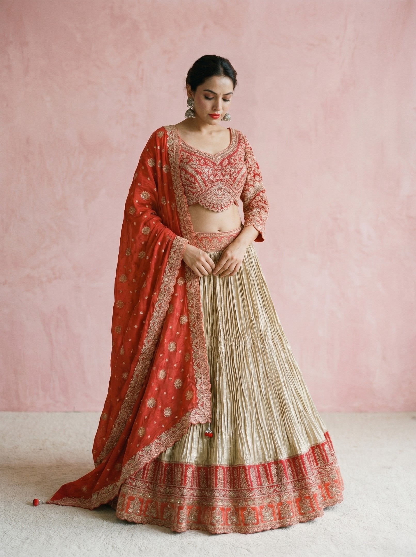 Beige & Red Crepe Festive Embroidered Lehenga