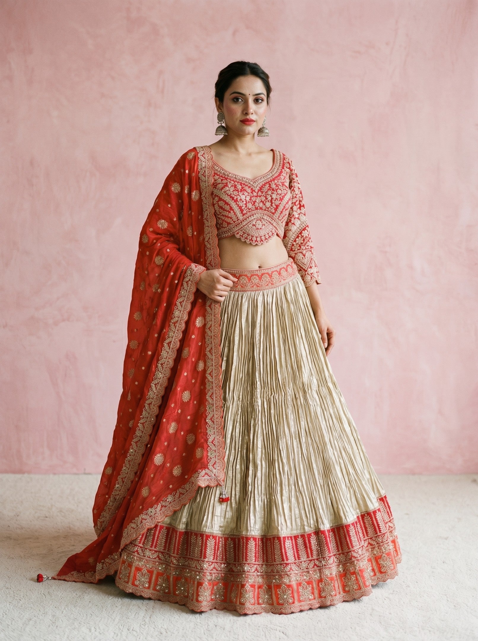 Beige & Red Crepe Festive Embroidered Lehenga