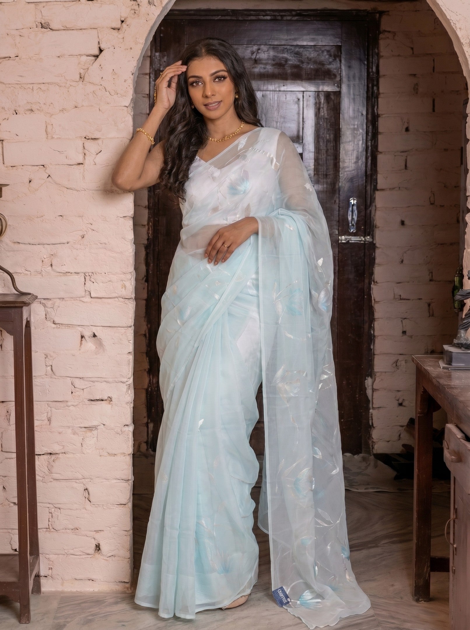 Sky Blue Floral Hand Painted Chiffon Saree