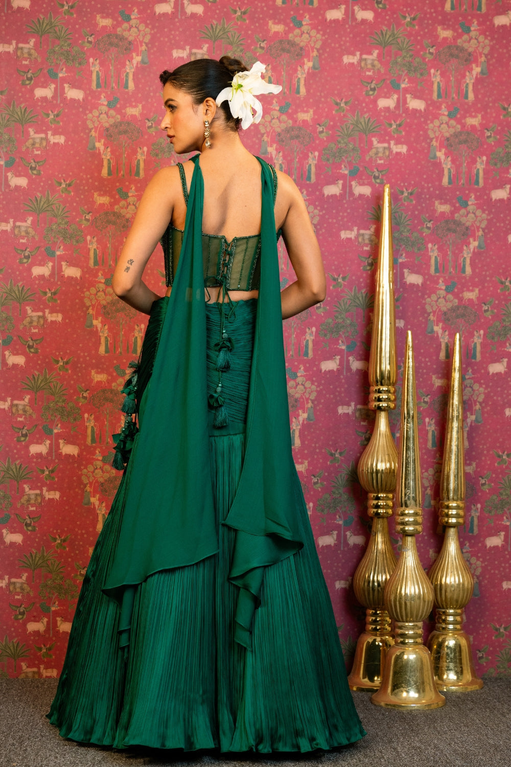 Bottle Green Chiffon Lehenga Choli Set with Cutdana and Sequins Work