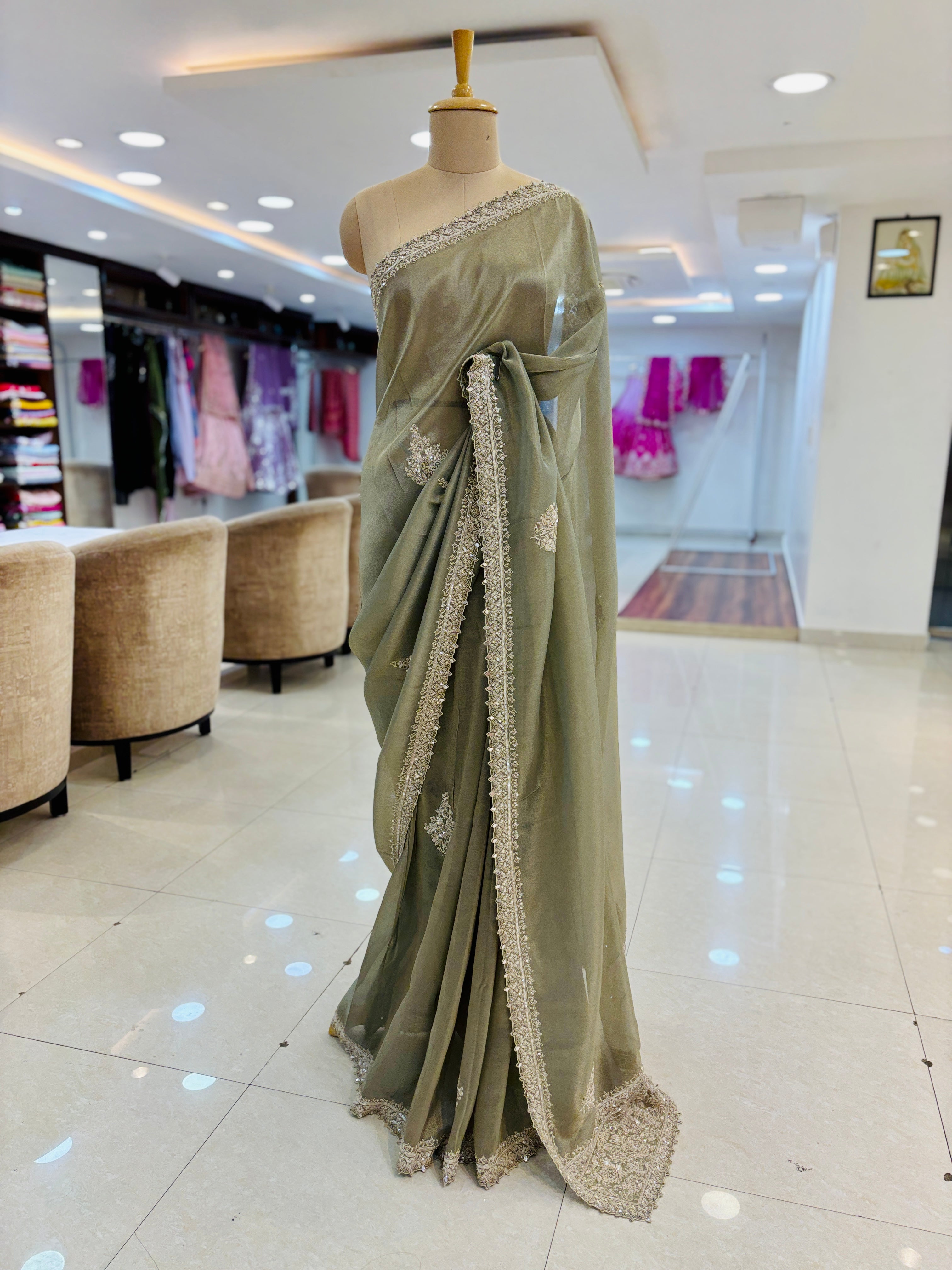 Mint Green Embroidered Tissue Saree