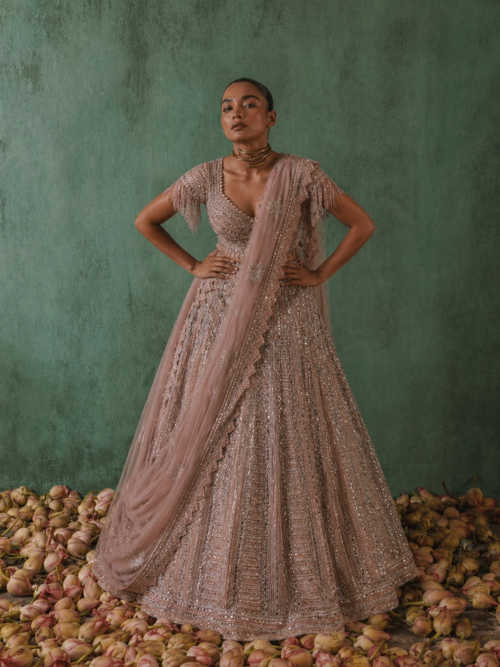 Light Pink Sequinned Crop Top Designer Lehenga