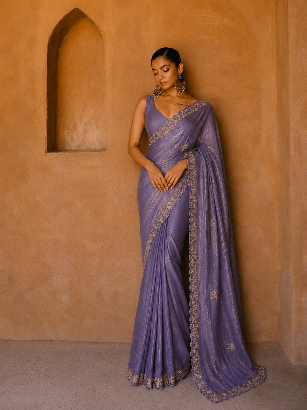 Purple TIssue Organza Embroidered Border Saree