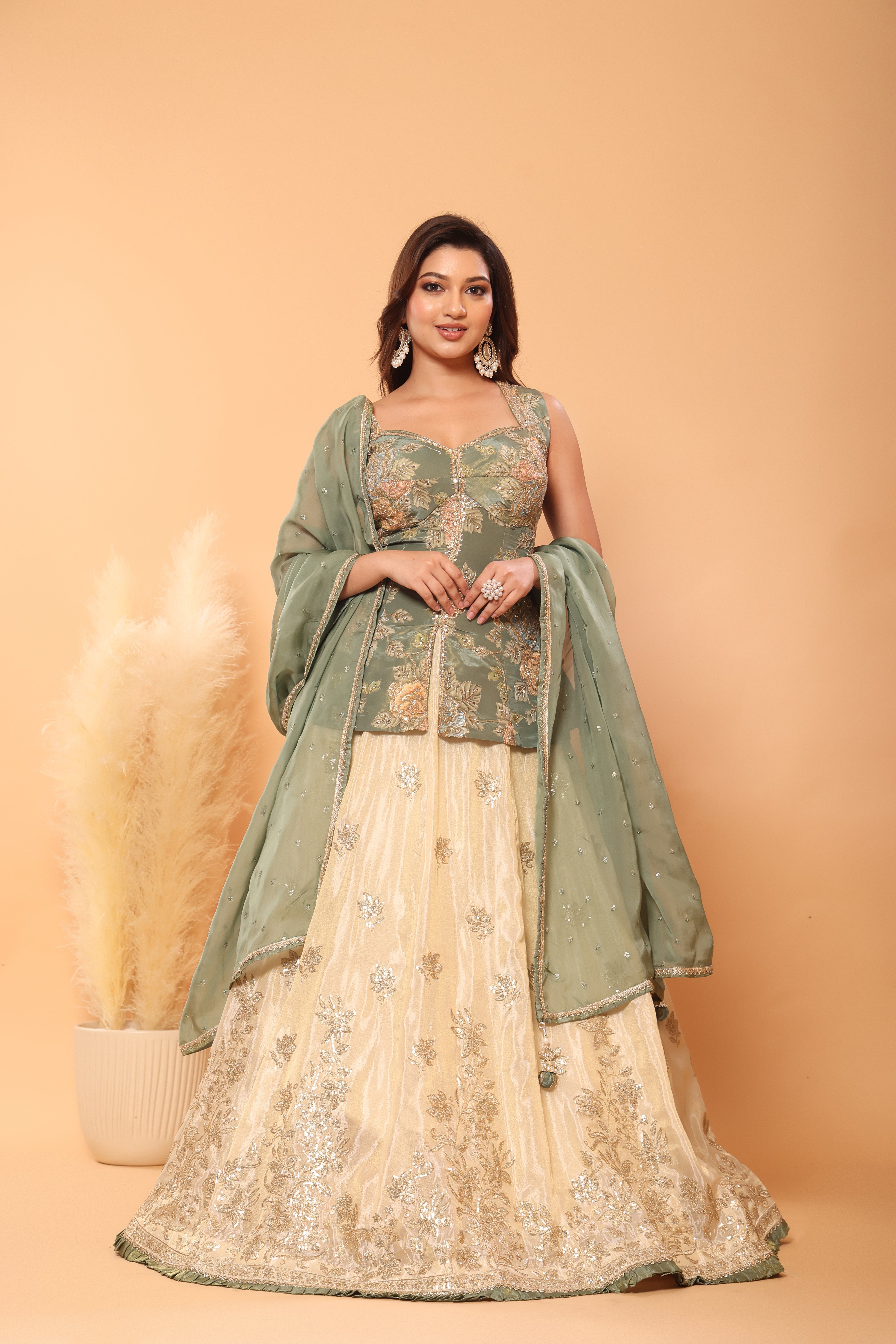 Light Green Floral Peplum Lehenga Set with Dupatta