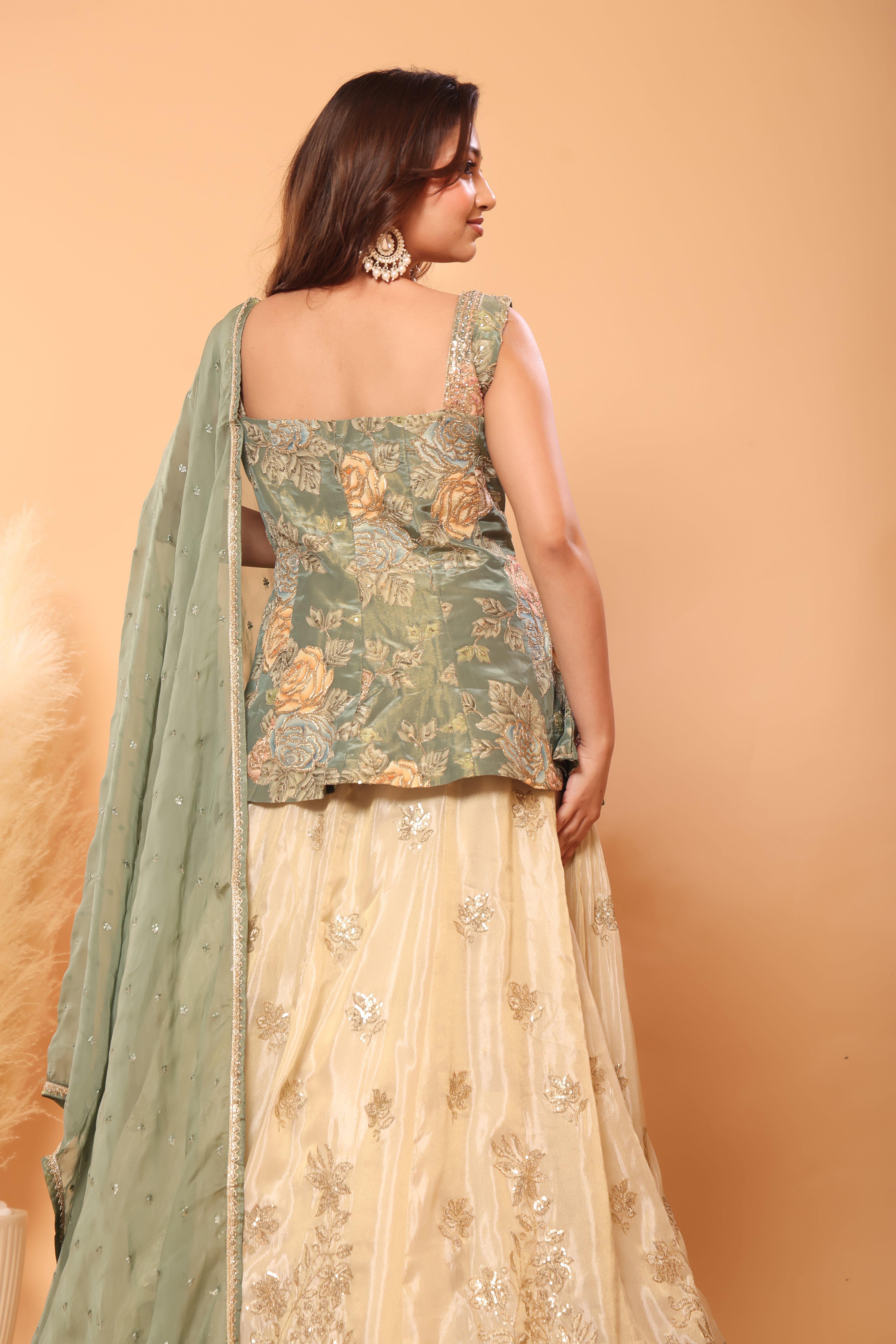 Light Green Floral Peplum Lehenga Set with Dupatta