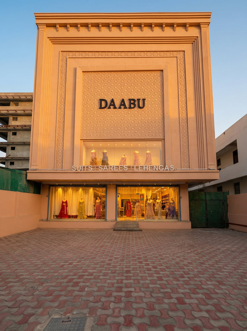 DAABU store front with clothing displayed inside, set against a clear sky.