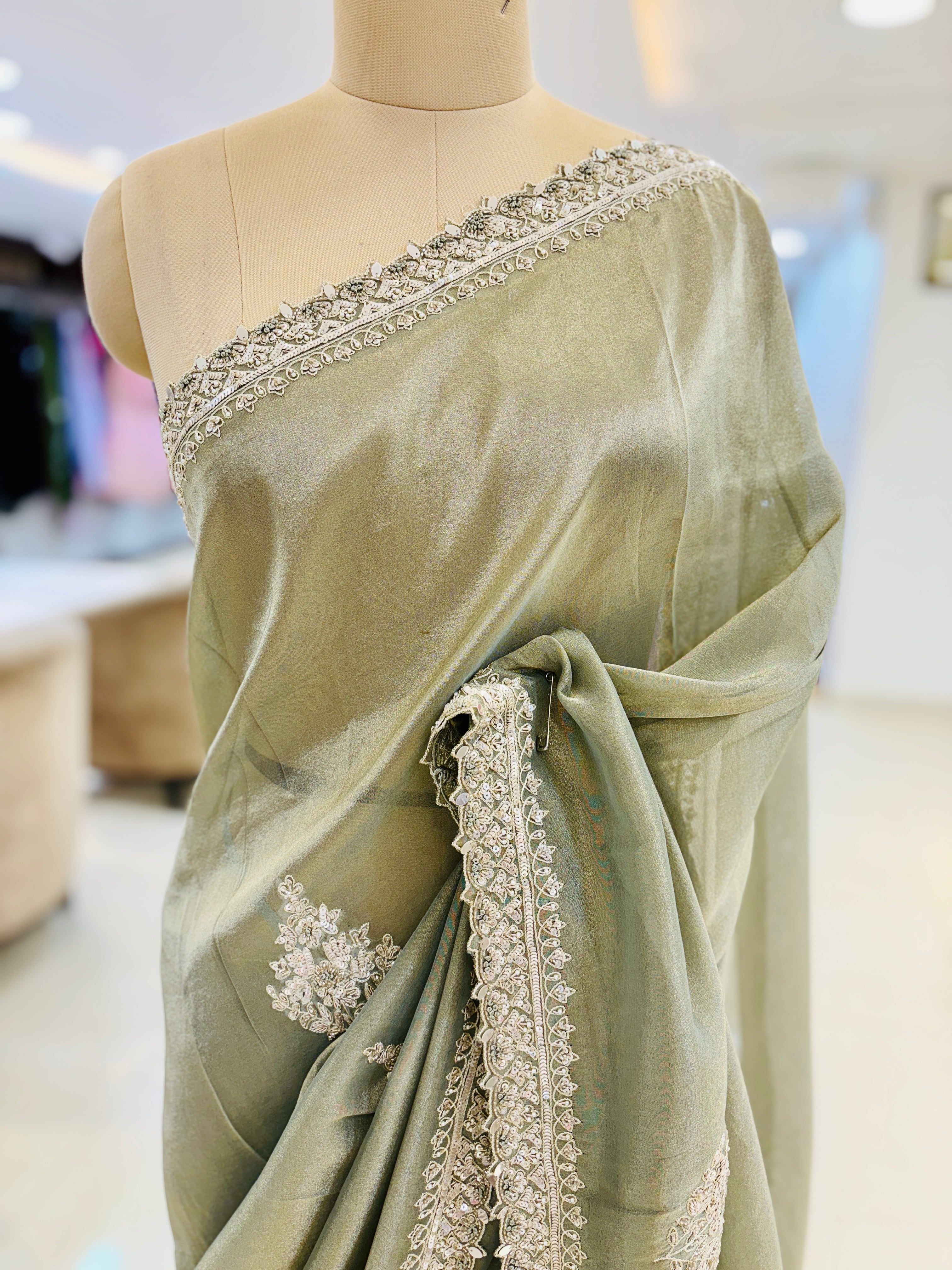 Mint Green Embroidered Tissue Saree