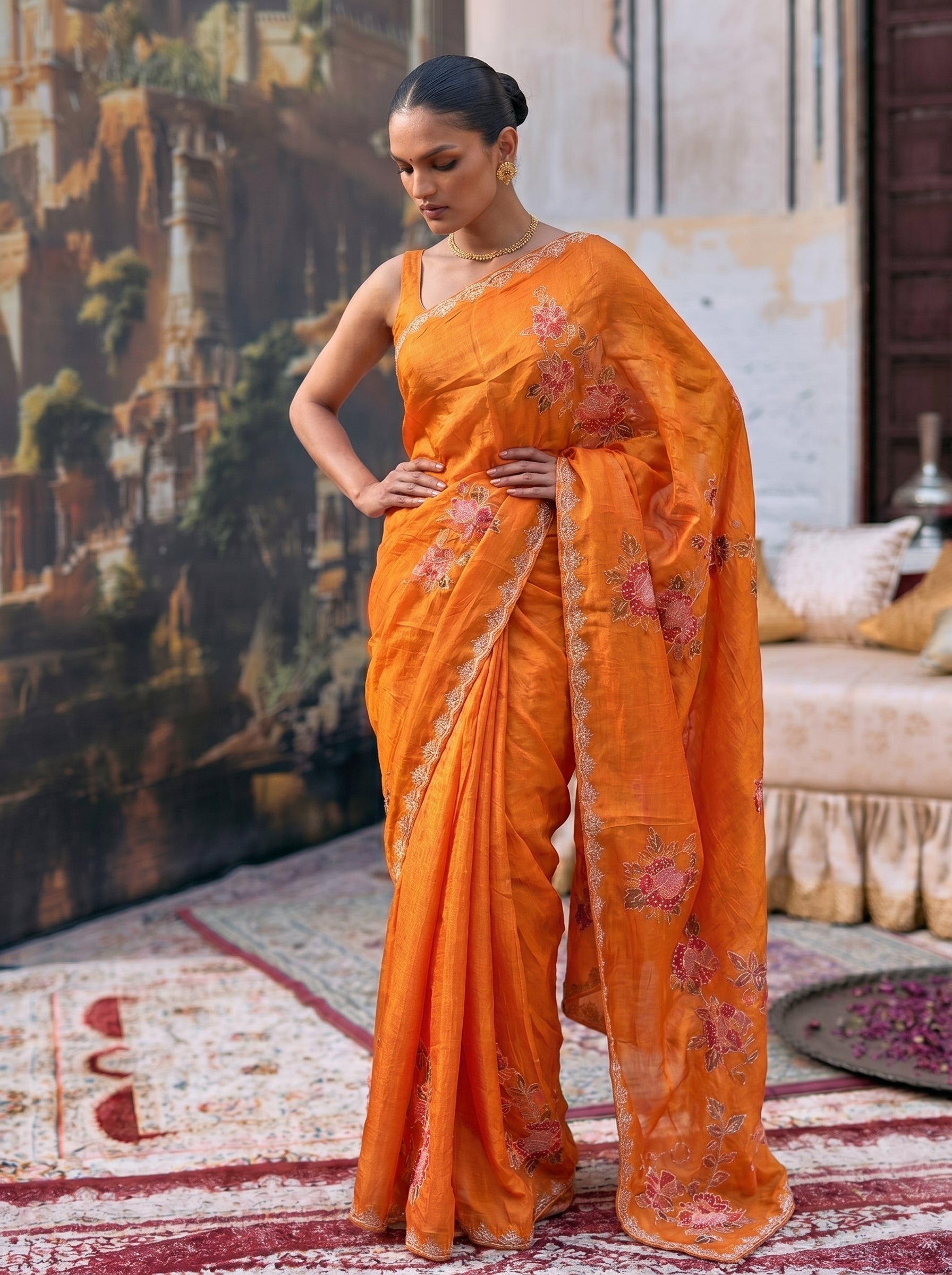 Orange Digital Print Silk Saree