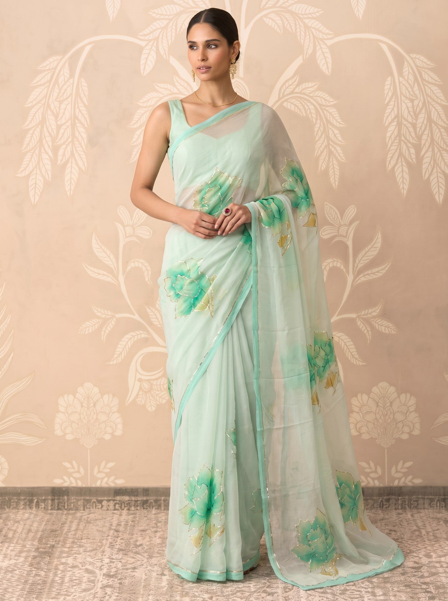 Light Green Hand Painted Chiffon Saree