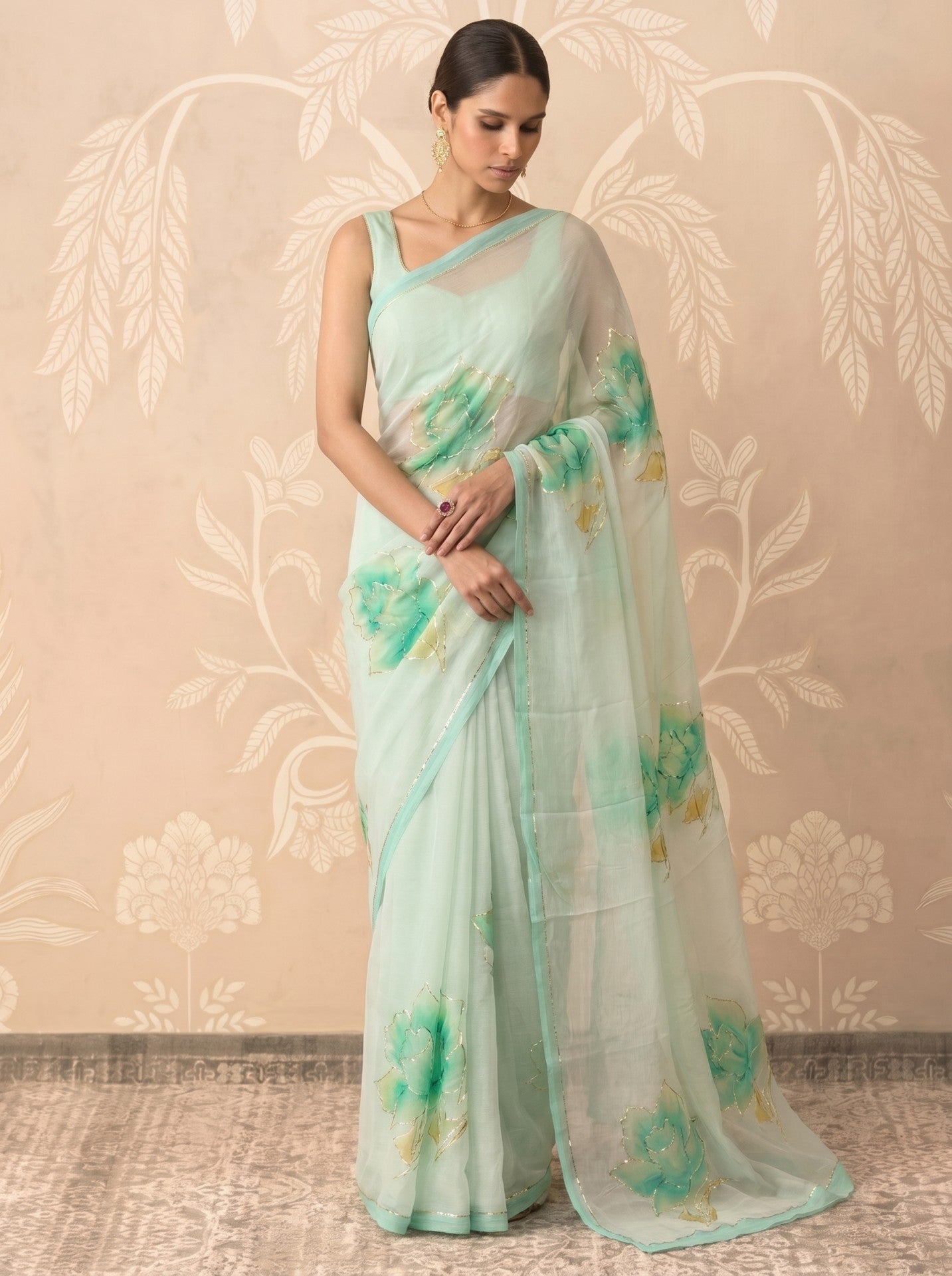 Light Green Hand Painted Chiffon Saree