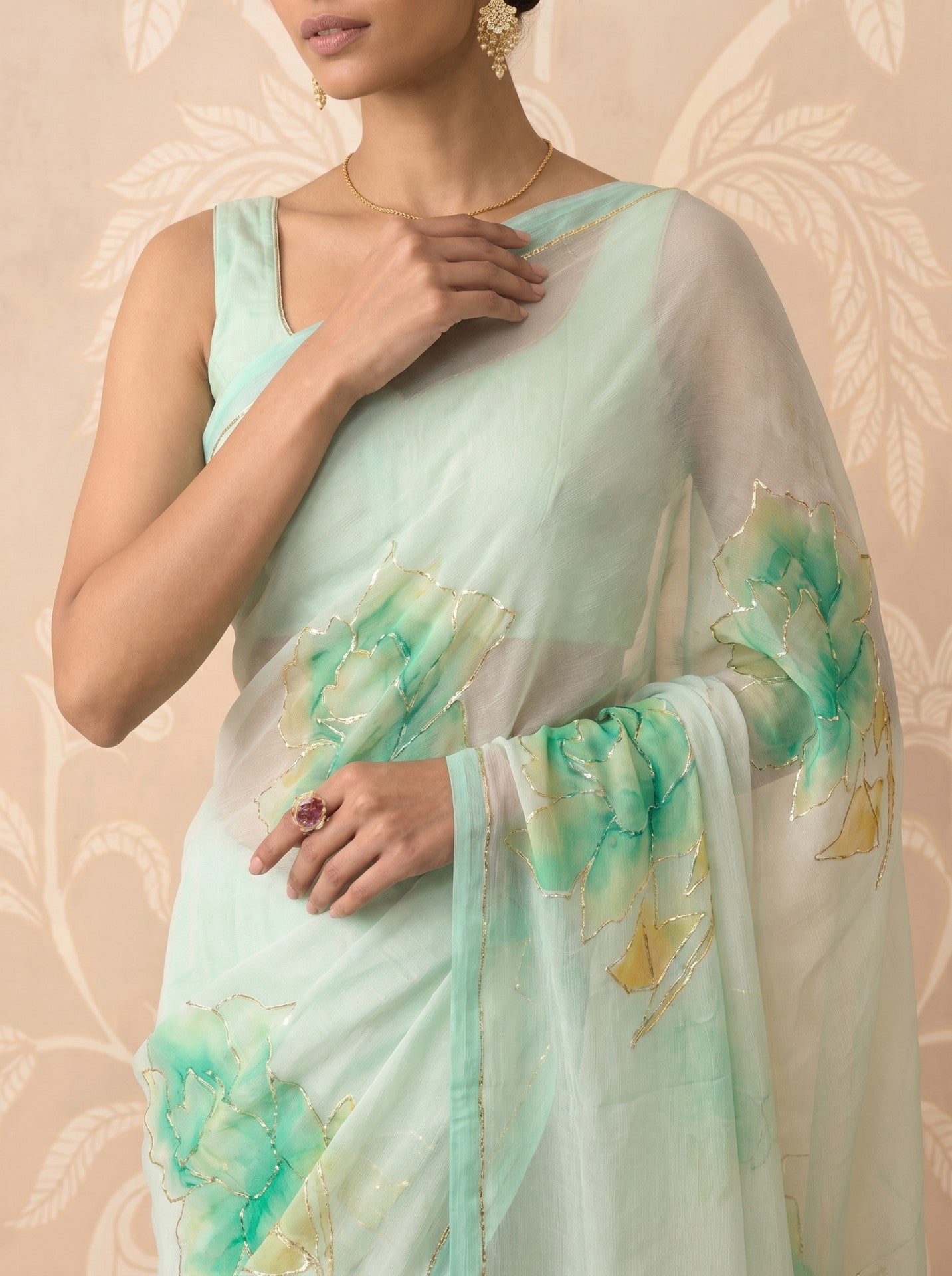 Light Green Hand Painted Chiffon Saree