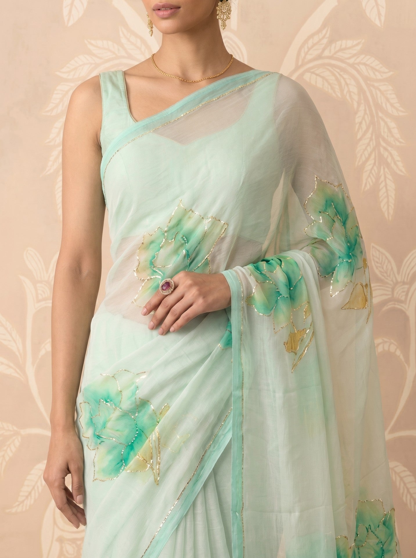 Light Green Hand Painted Chiffon Saree