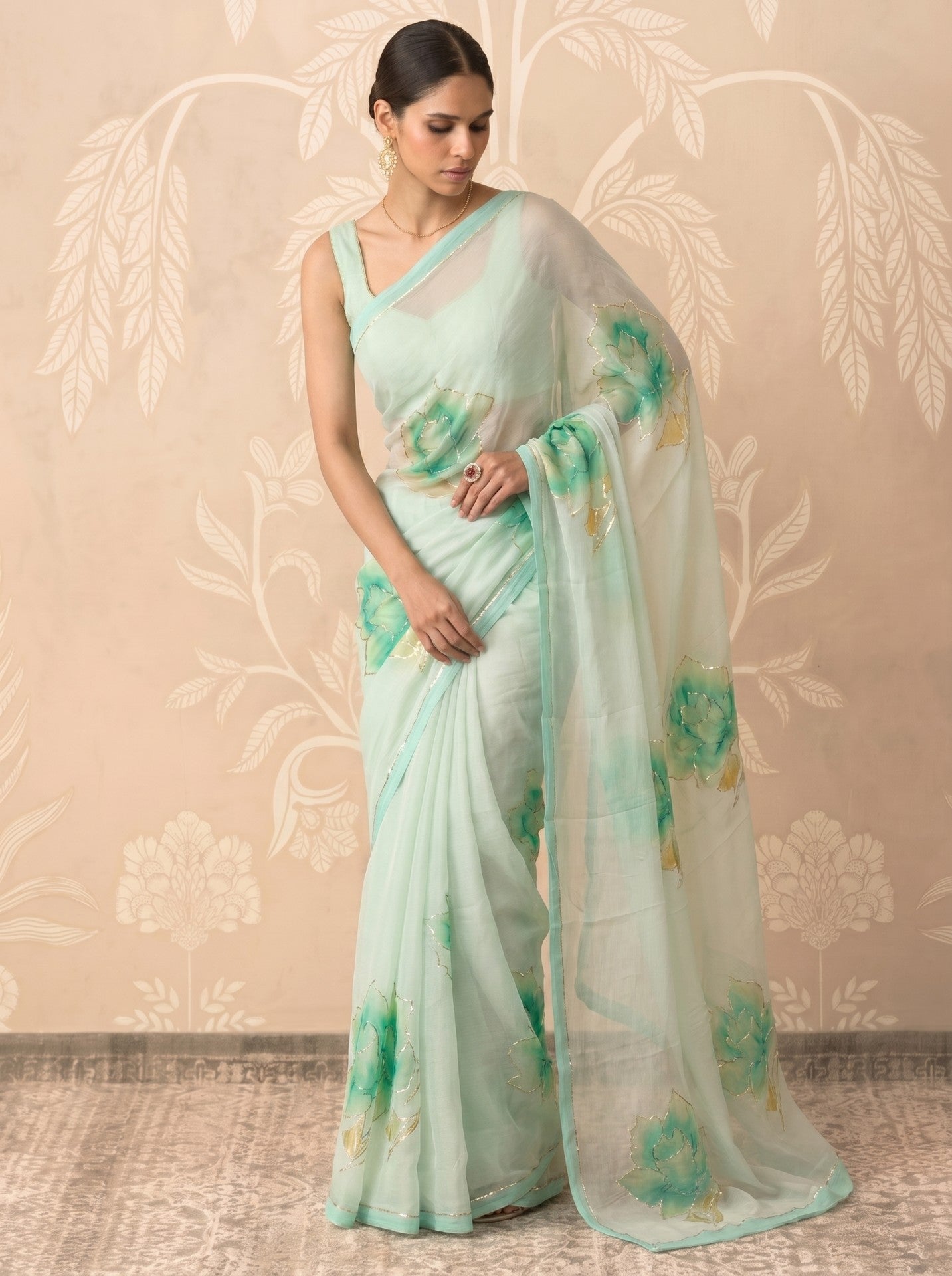 Light Green Hand Painted Chiffon Saree