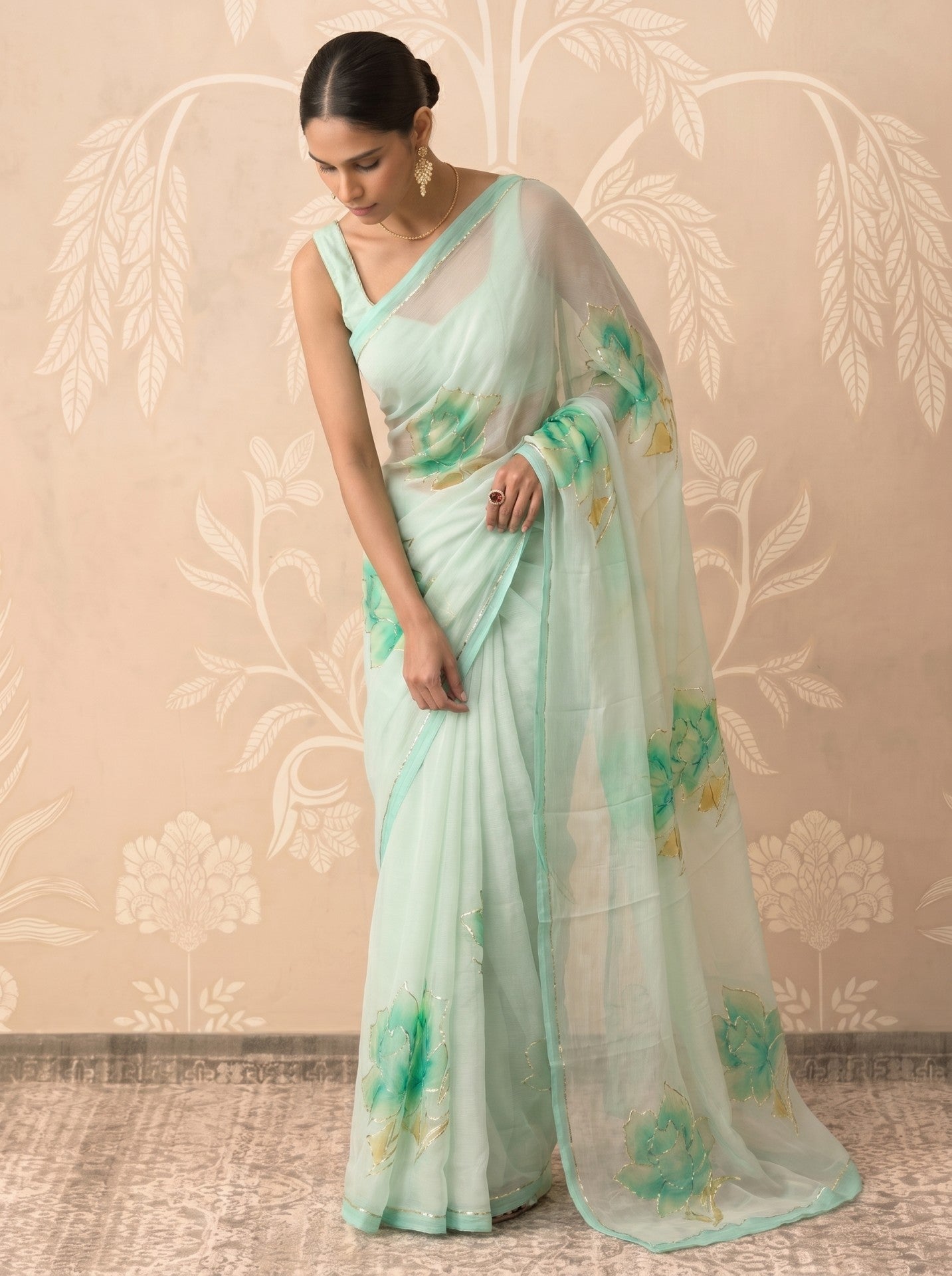 Light Green Hand Painted Chiffon Saree