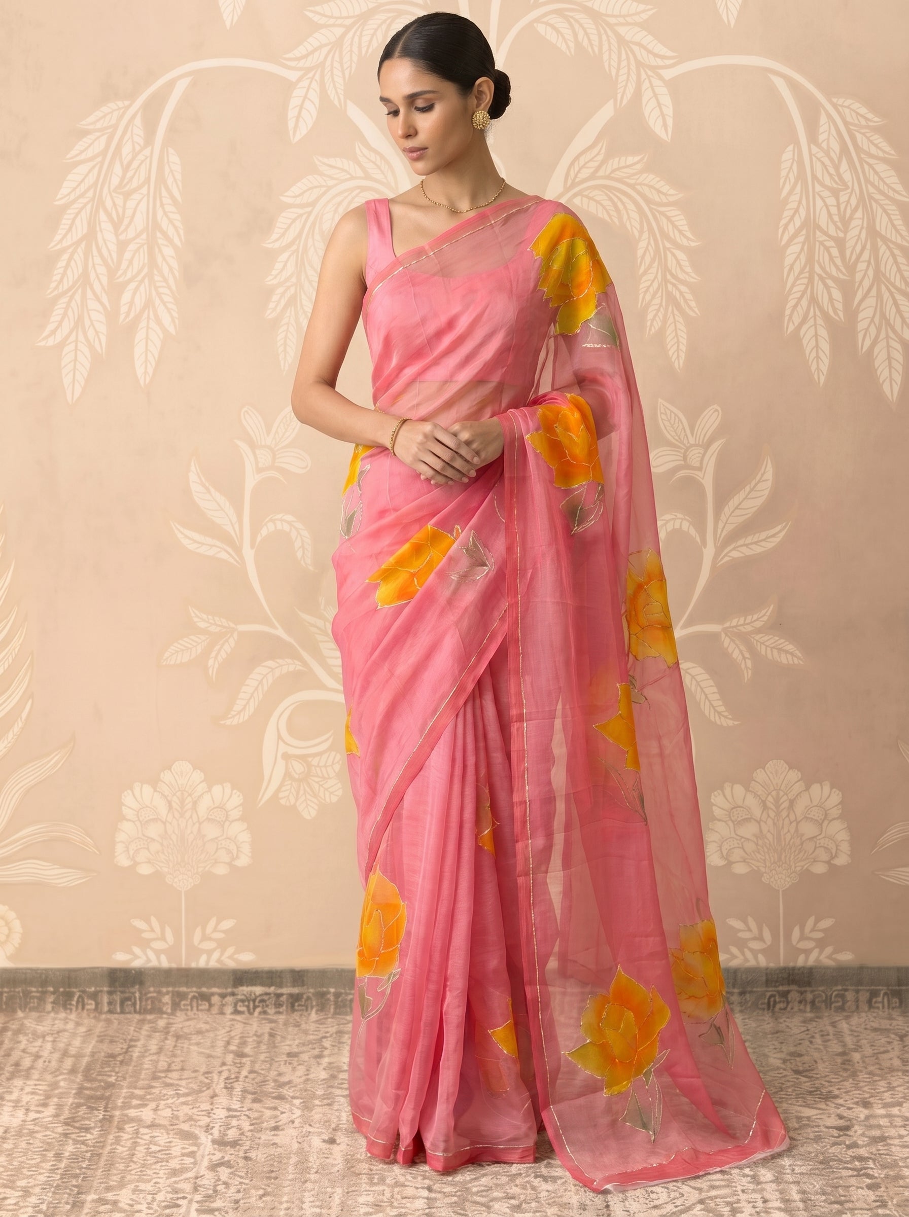 Light Pink Hand Painted Chiffon Saree