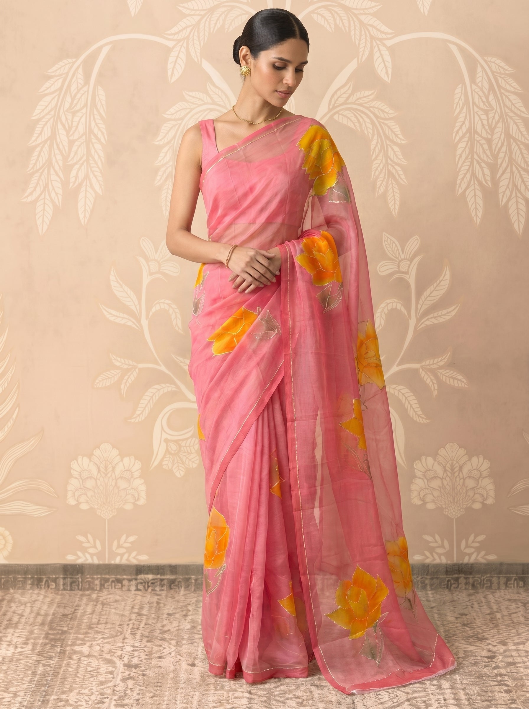 Light Pink Hand Painted Chiffon Saree
