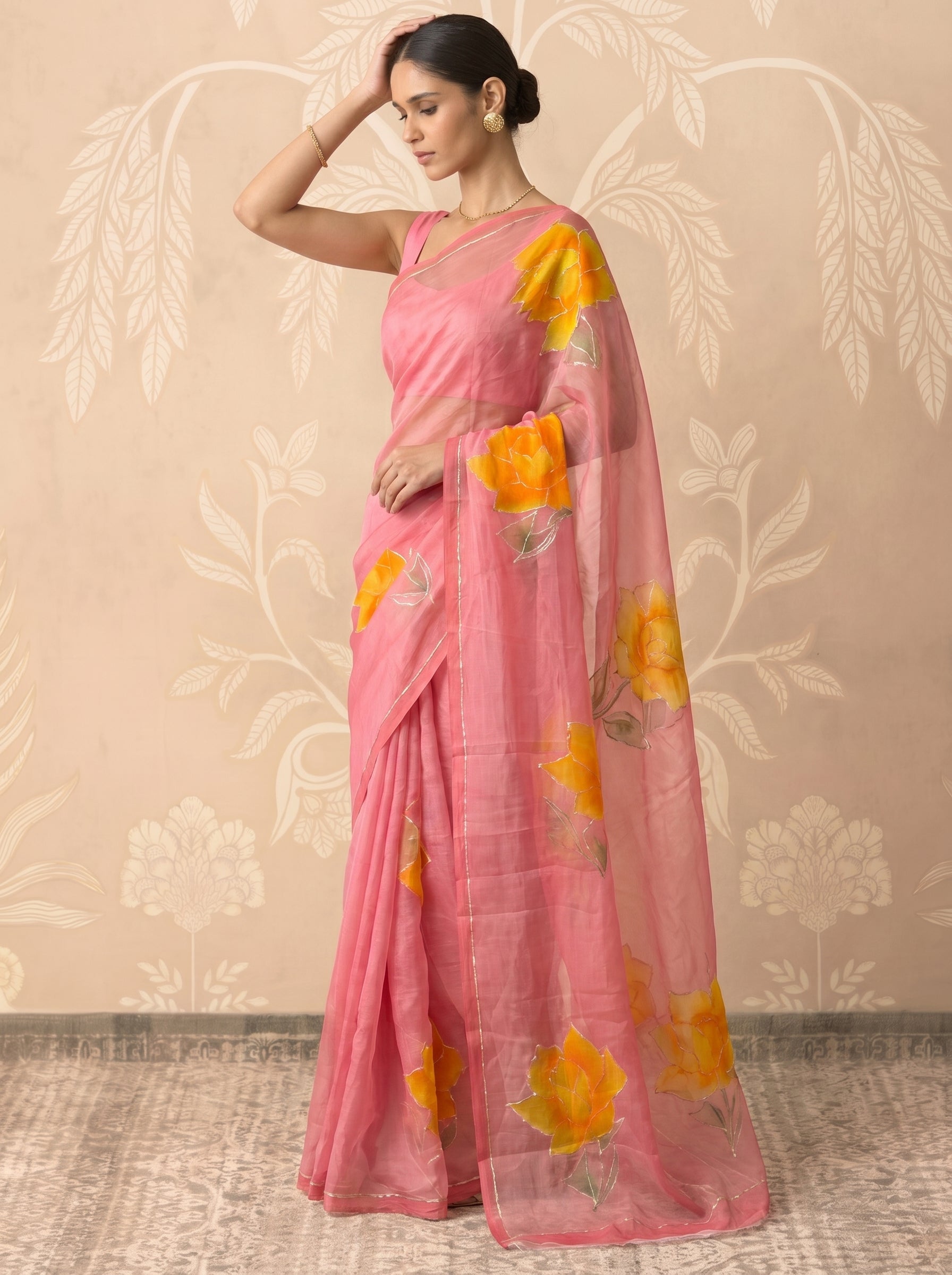 Light Pink Hand Painted Chiffon Saree