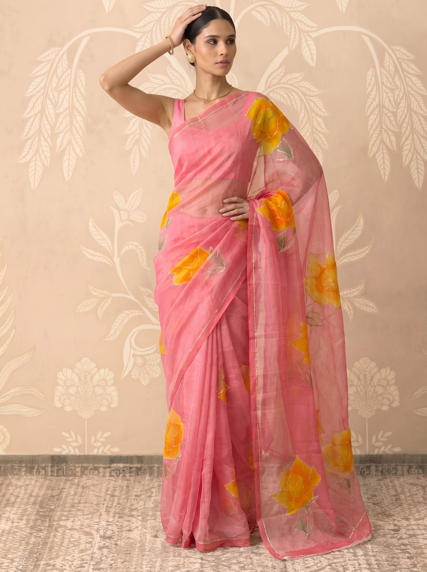 Light Pink Hand Painted Chiffon Saree