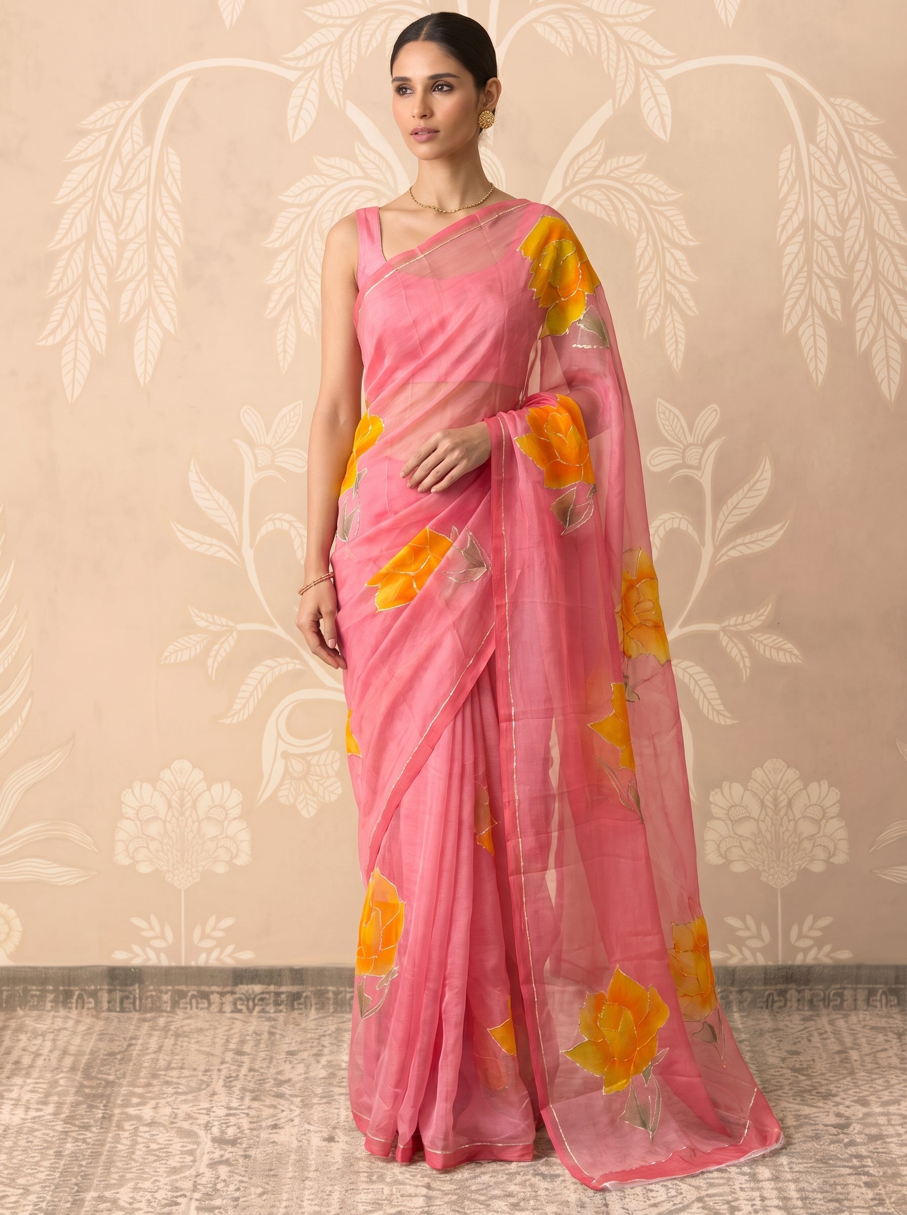 Light Pink Hand Painted Chiffon Saree