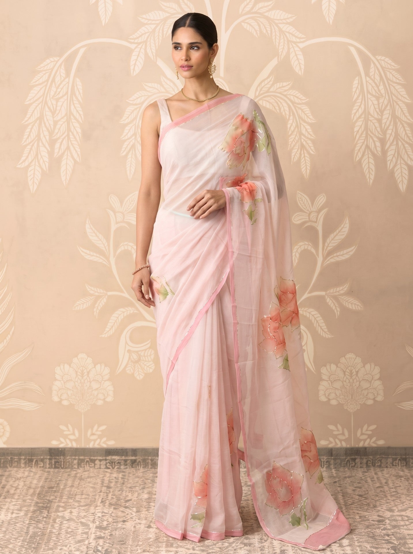 Baby Pink Hand Painted Chiffon Saree