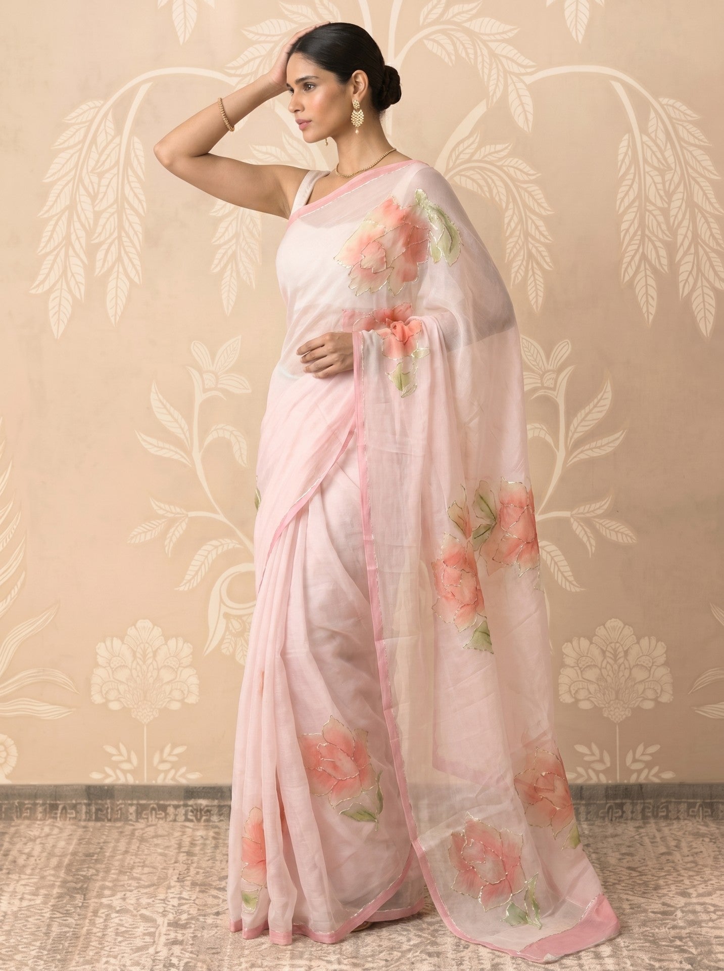 Baby Pink Hand Painted Chiffon Saree