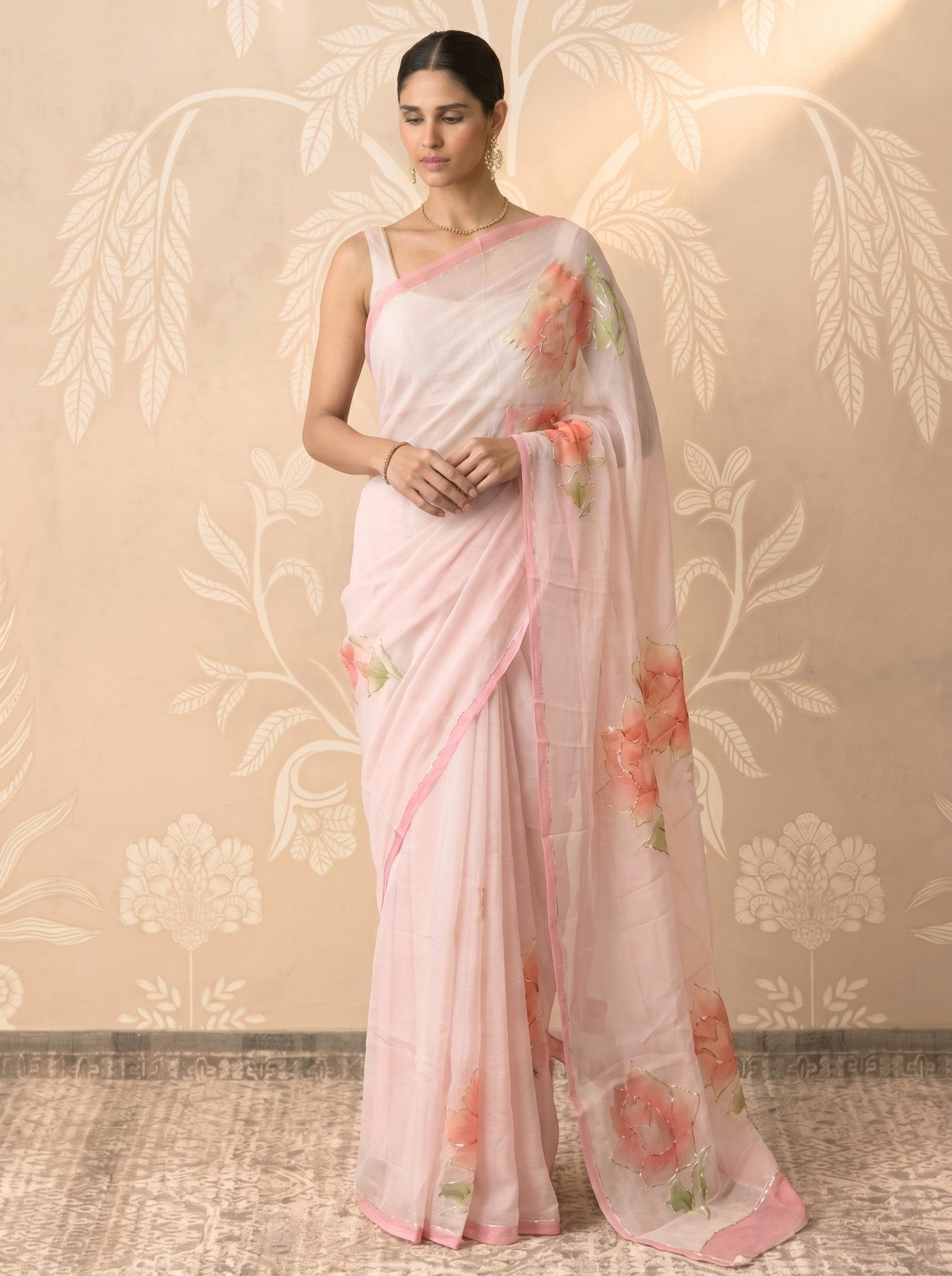 Baby Pink Hand Painted Chiffon Saree