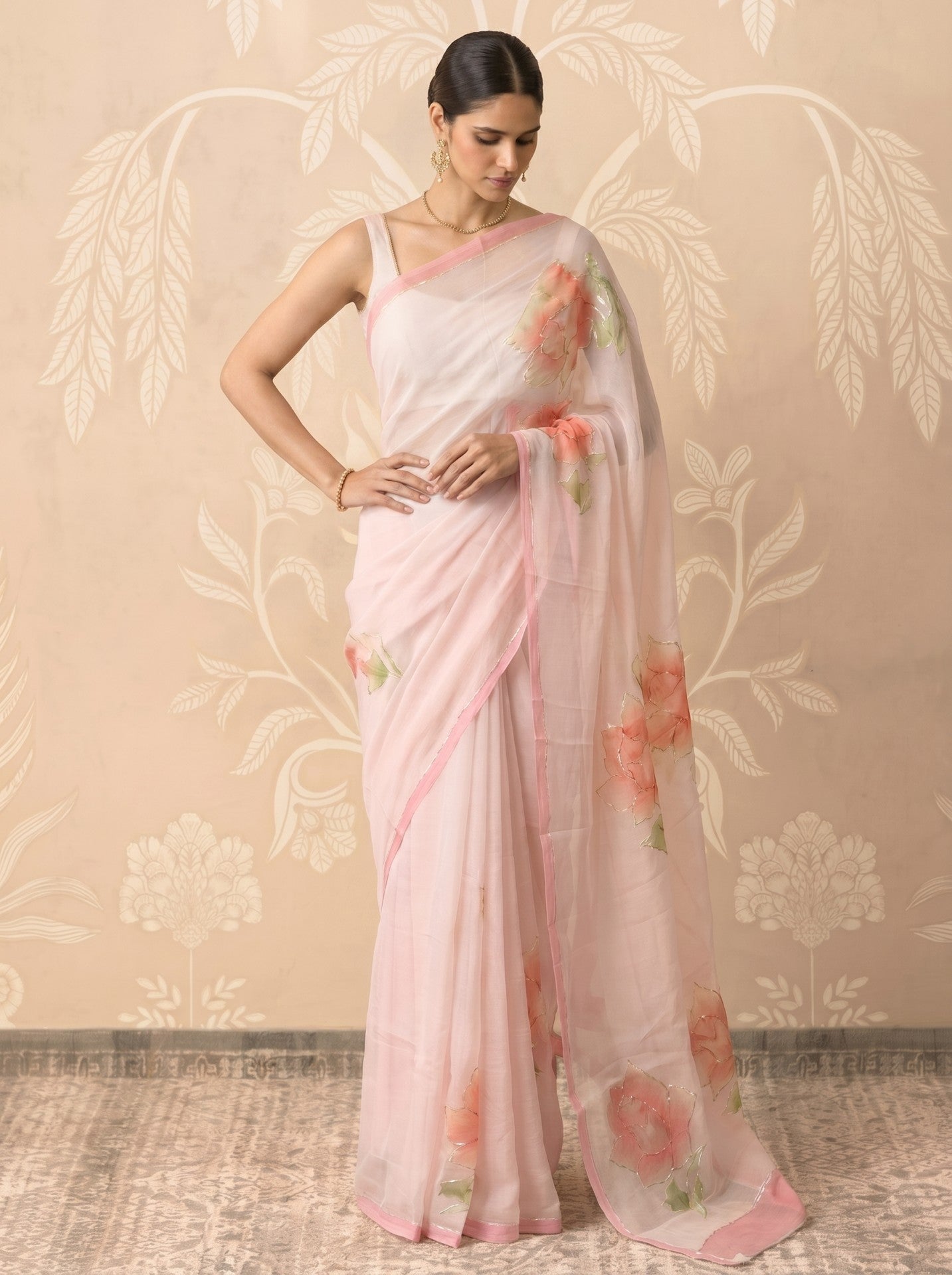 Baby Pink Hand Painted Chiffon Saree