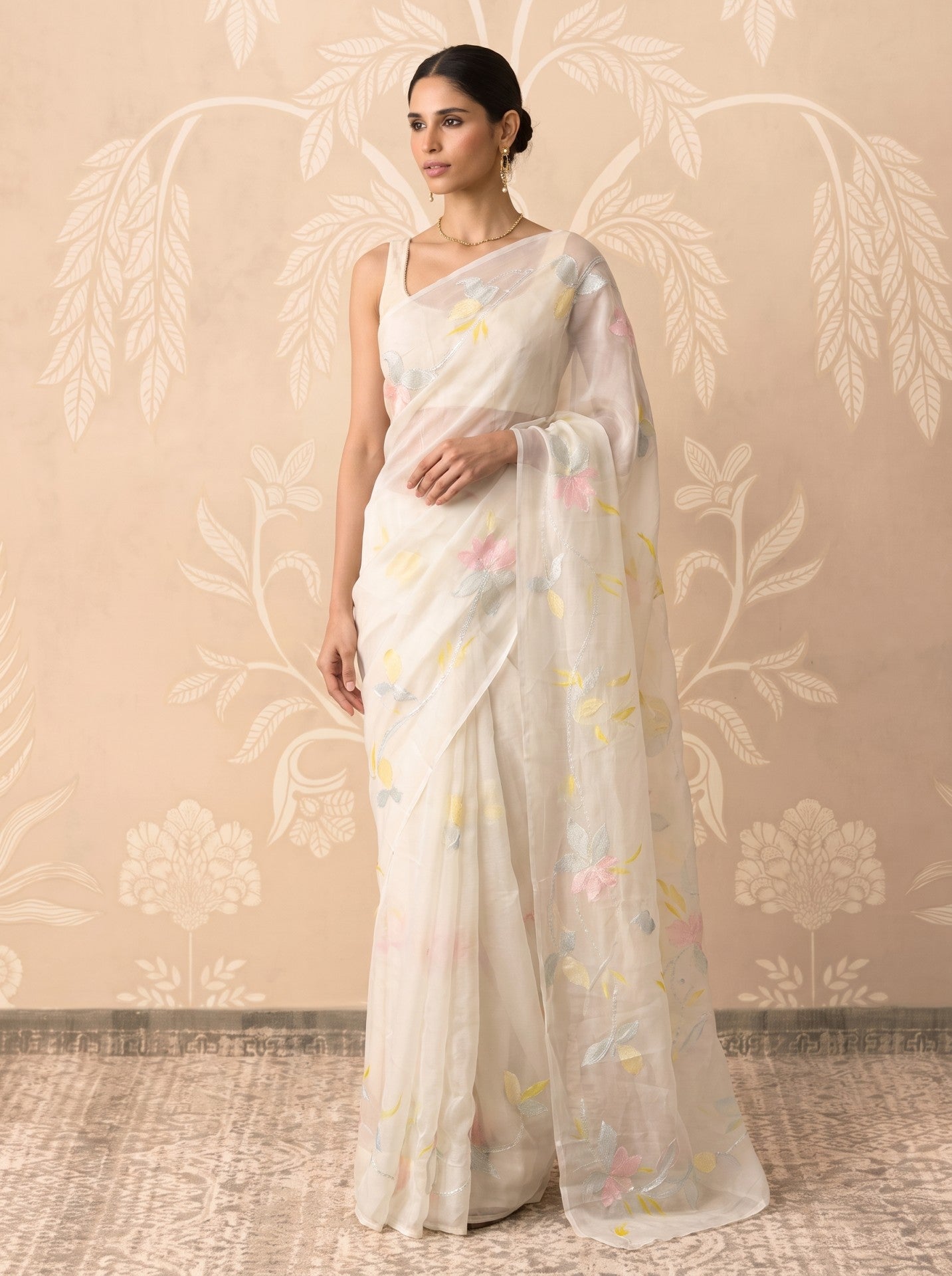White Hand Painted Chiffon Saree
