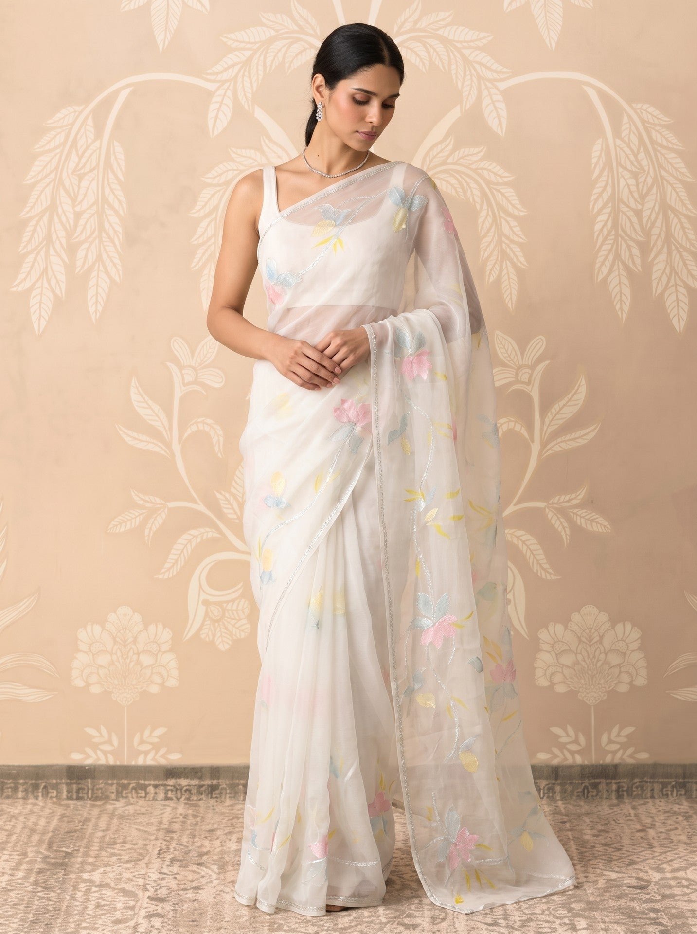 White Hand Painted Chiffon Saree