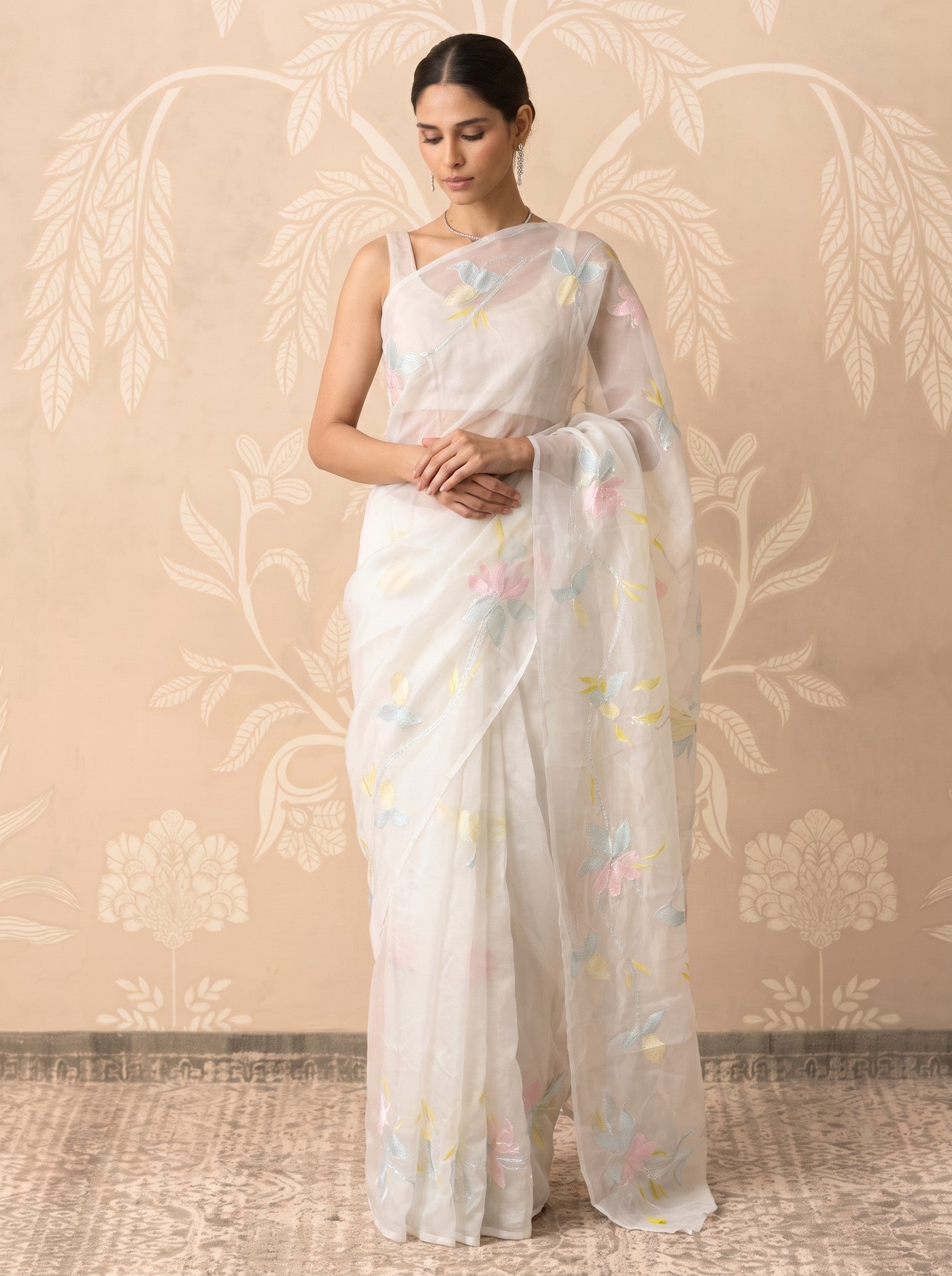 White Hand Painted Chiffon Saree