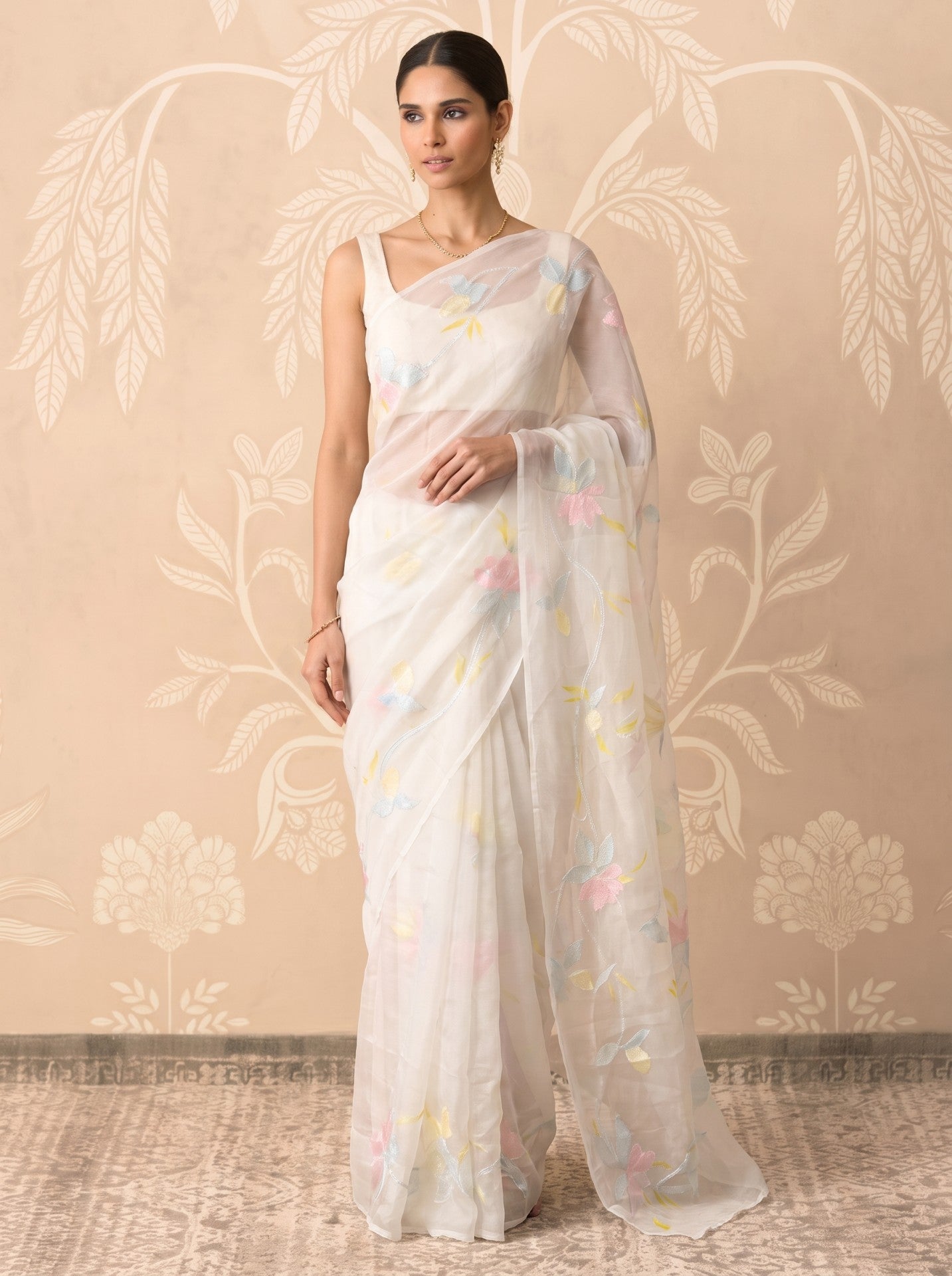 White Hand Painted Chiffon Saree