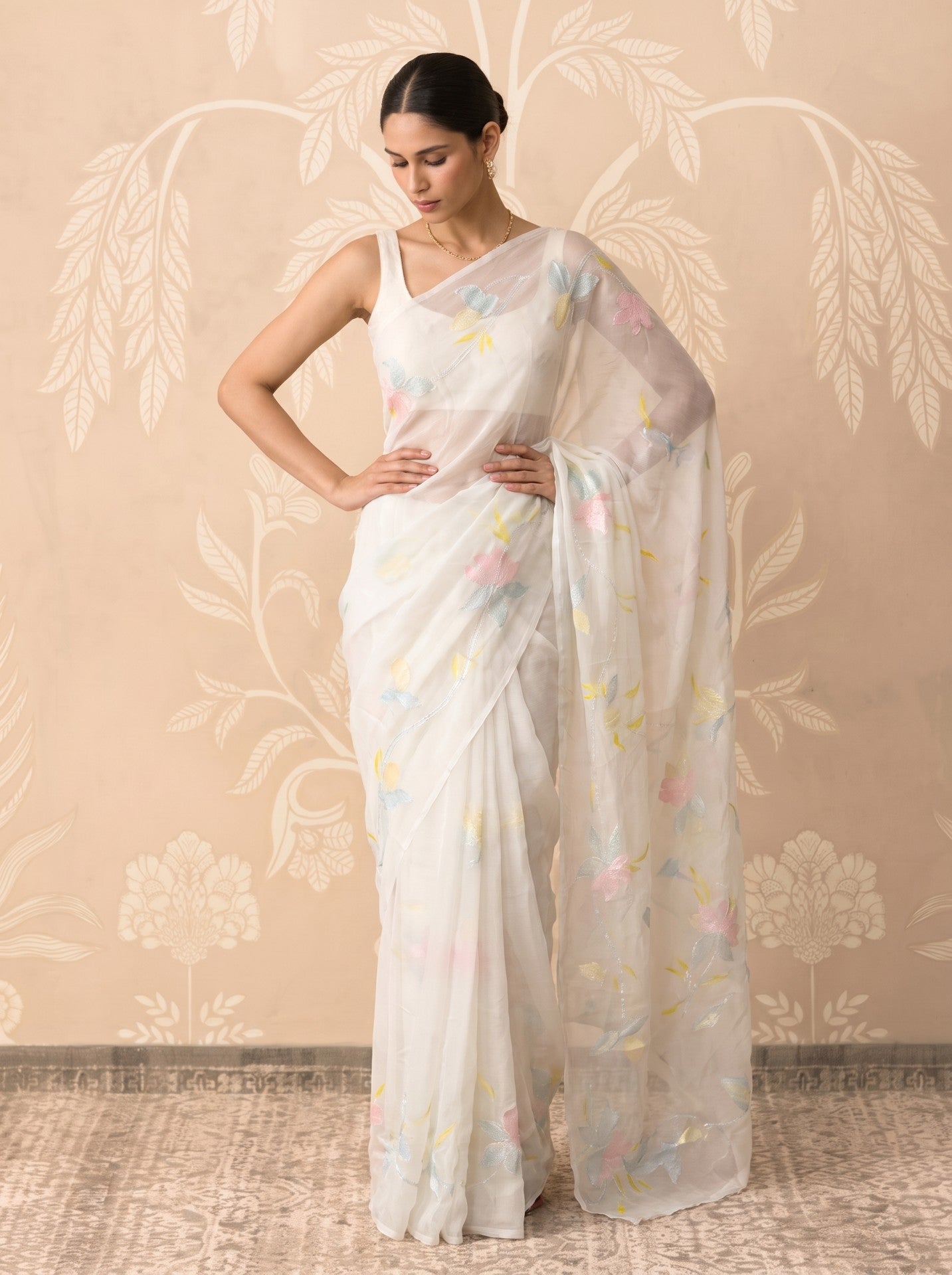 White Hand Painted Chiffon Saree