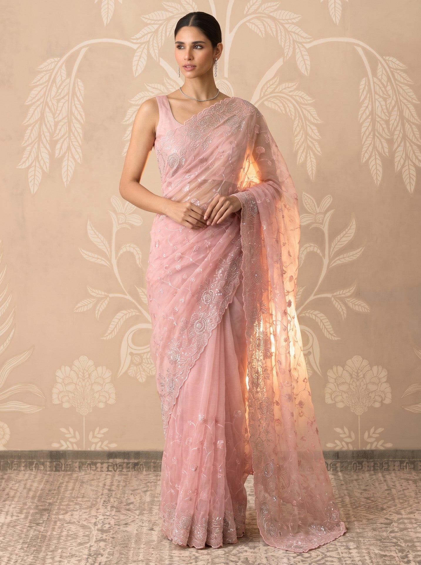 Baby Pink Organza Party Wear Saree