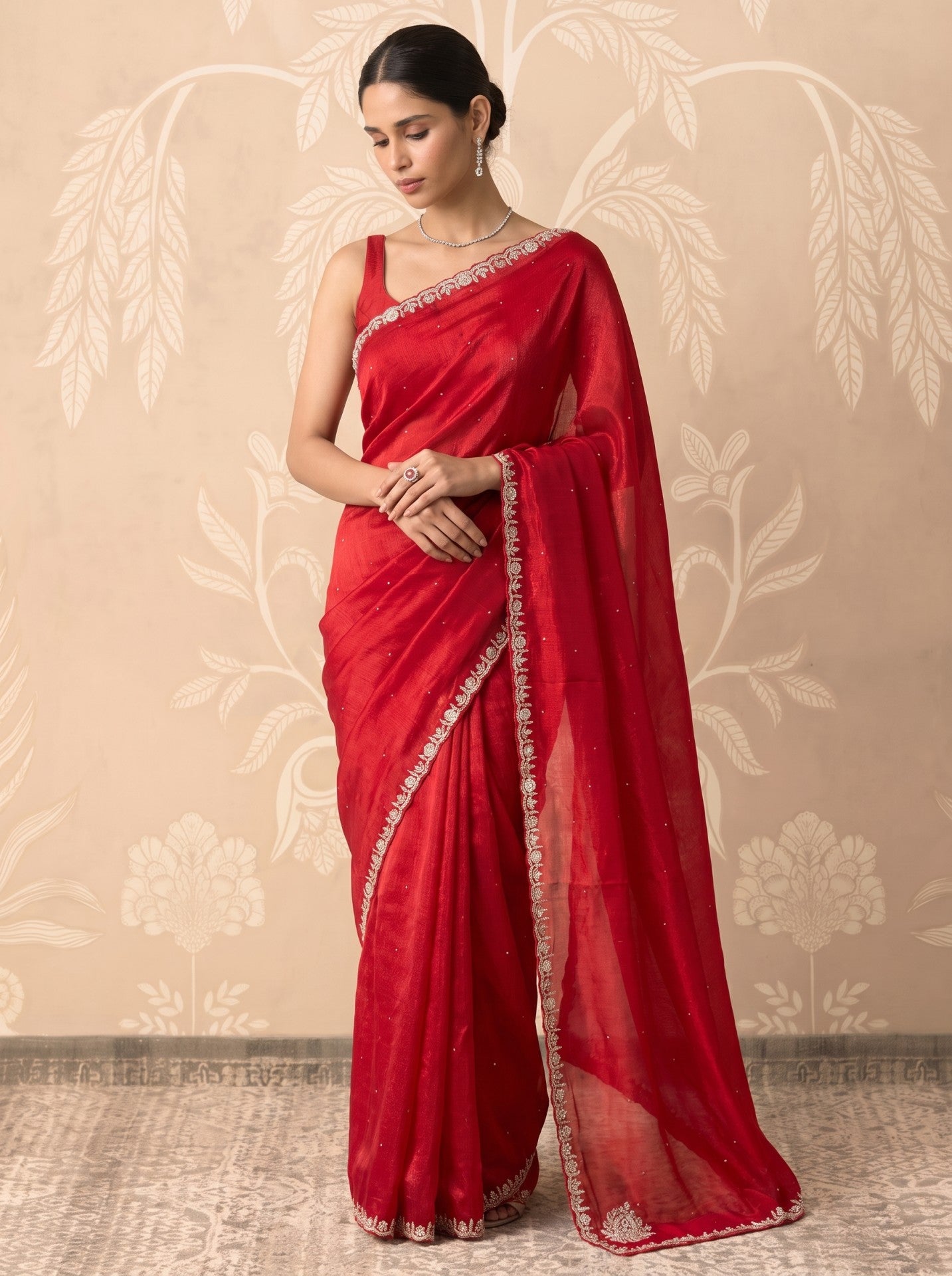 Red Jimmy Choo Hand Work Party Wear Saree