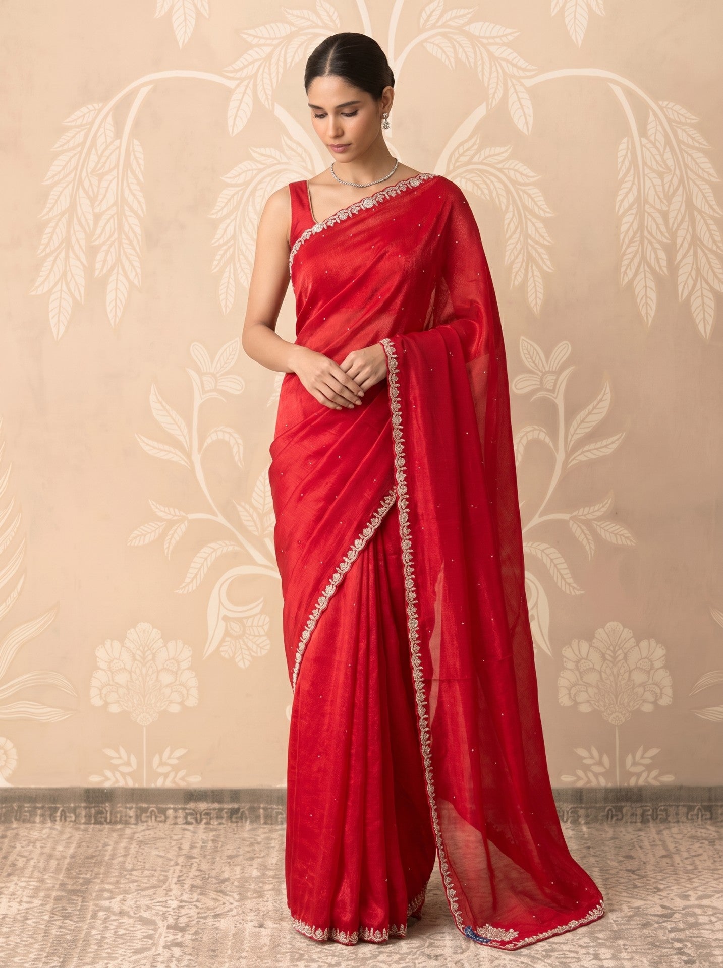 Red Jimmy Choo Hand Work Party Wear Saree