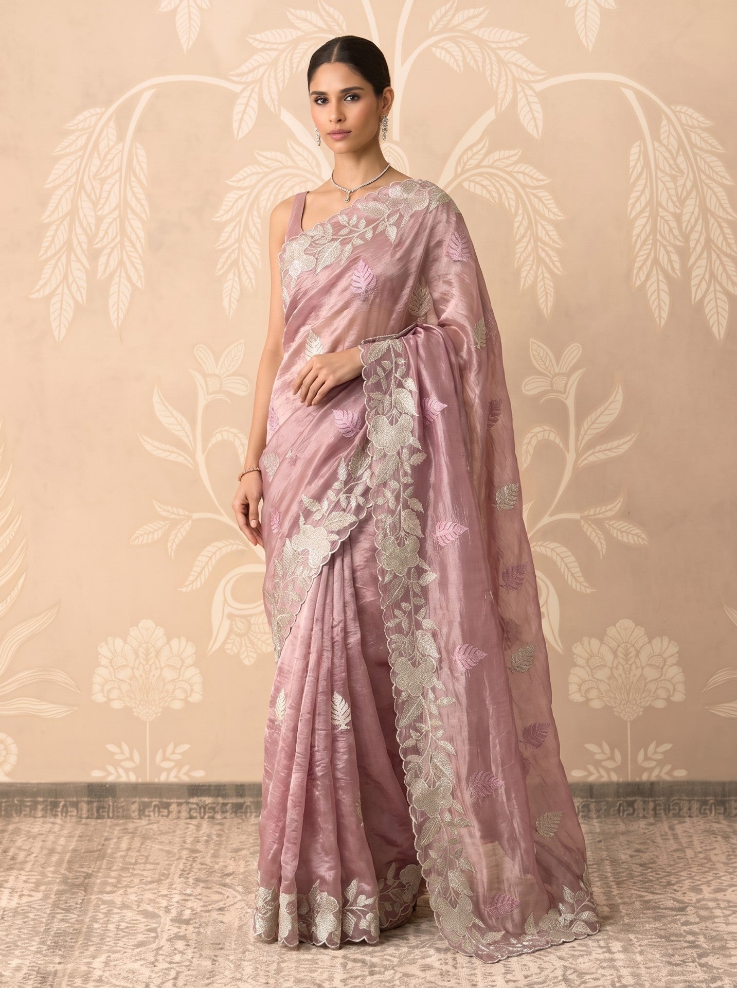 Onion Pink Crush Tissue Saree with White Zari Work