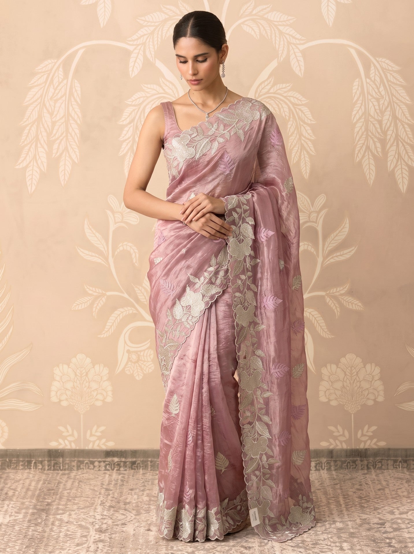 Onion Pink Crush Tissue Saree with White Zari Work