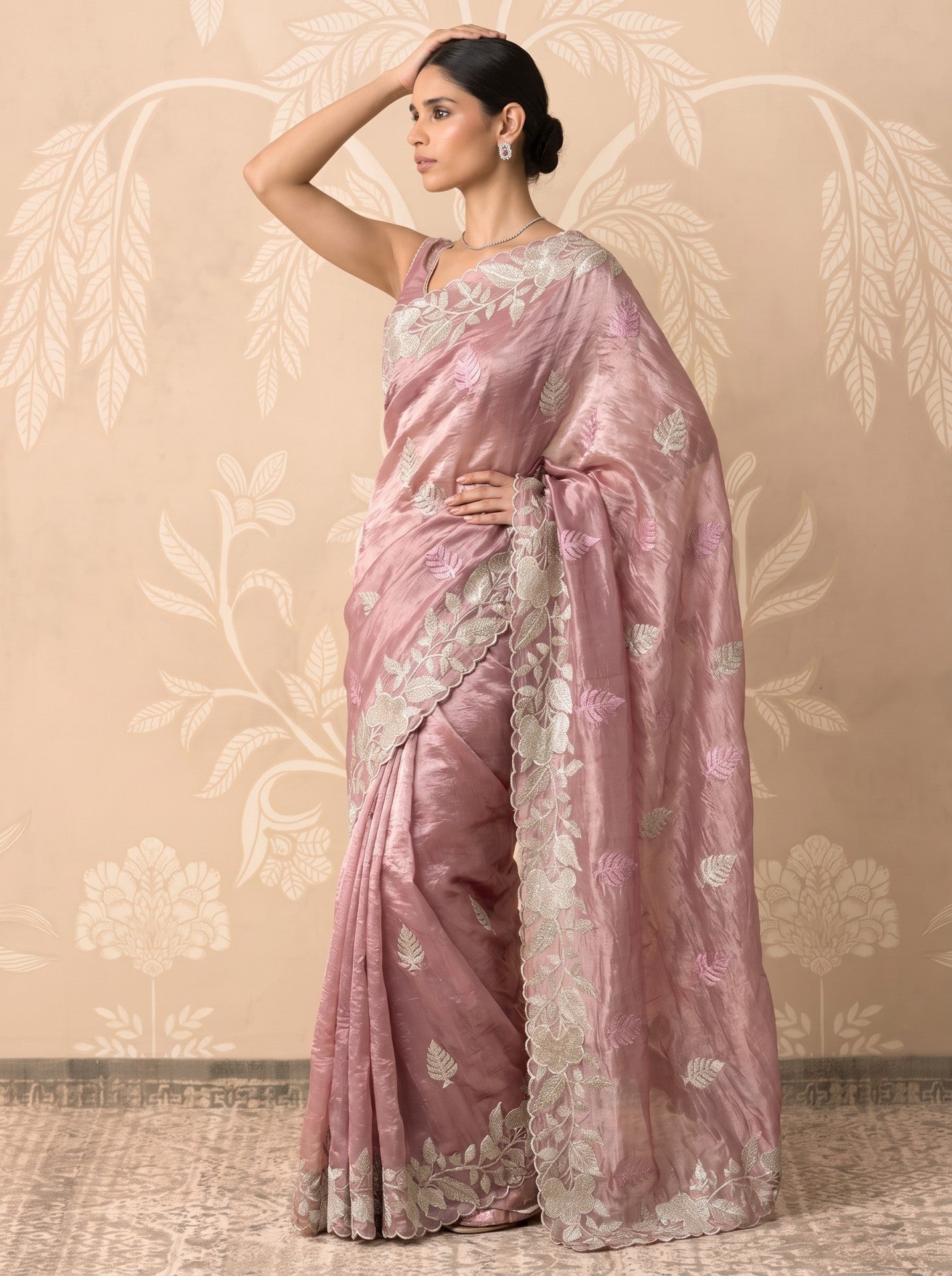 Onion Pink Crush Tissue Saree with White Zari Work