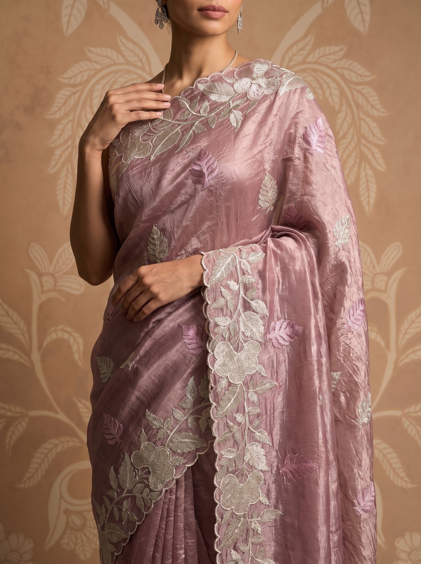Onion Pink Crush Tissue Saree with White Zari Work