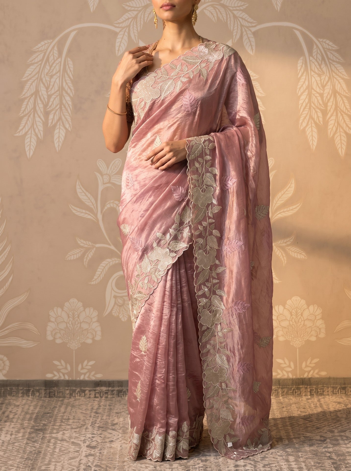 Onion Pink Crush Tissue Saree with White Zari Work