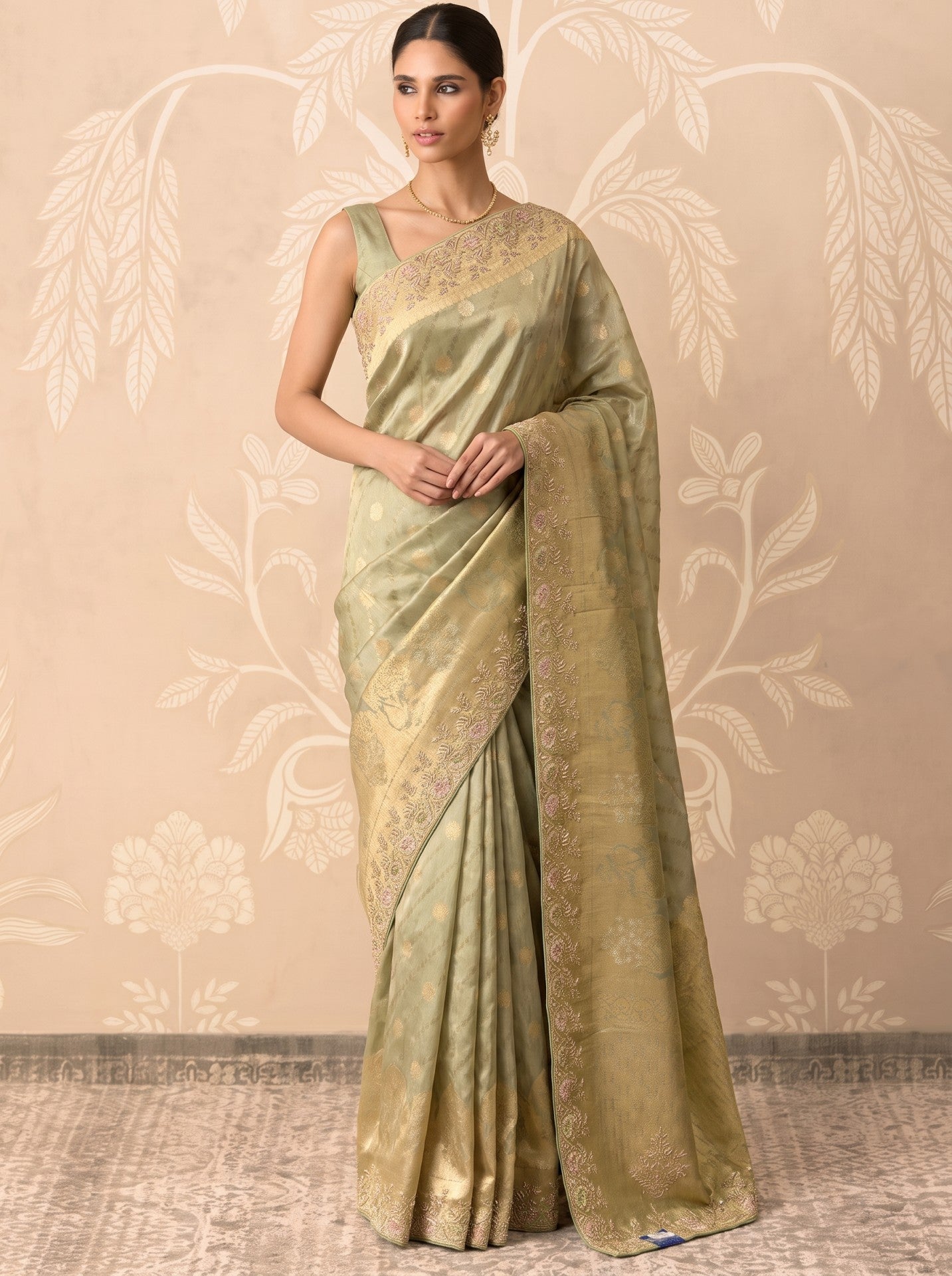 Green Tissue Zardozi Work Festive Saree