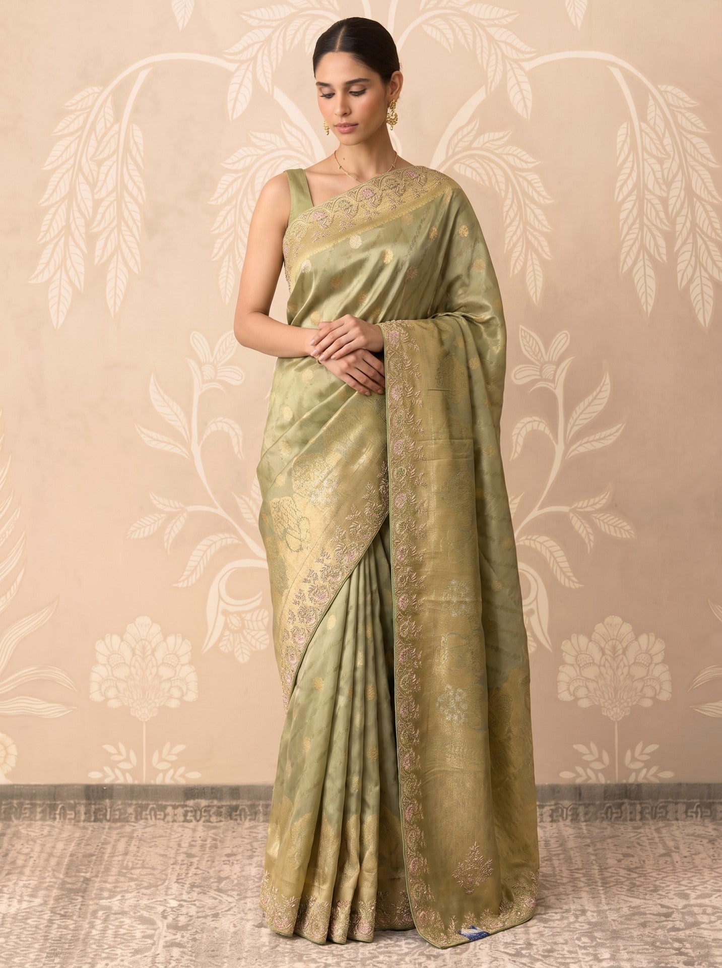 Green Tissue Zardozi Work Festive Saree