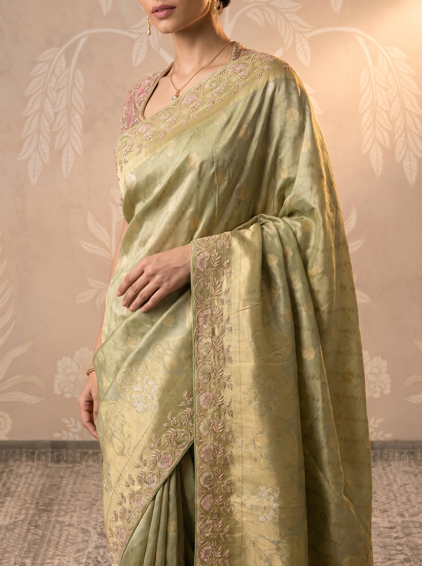 Green Tissue Zardozi Work Festive Saree