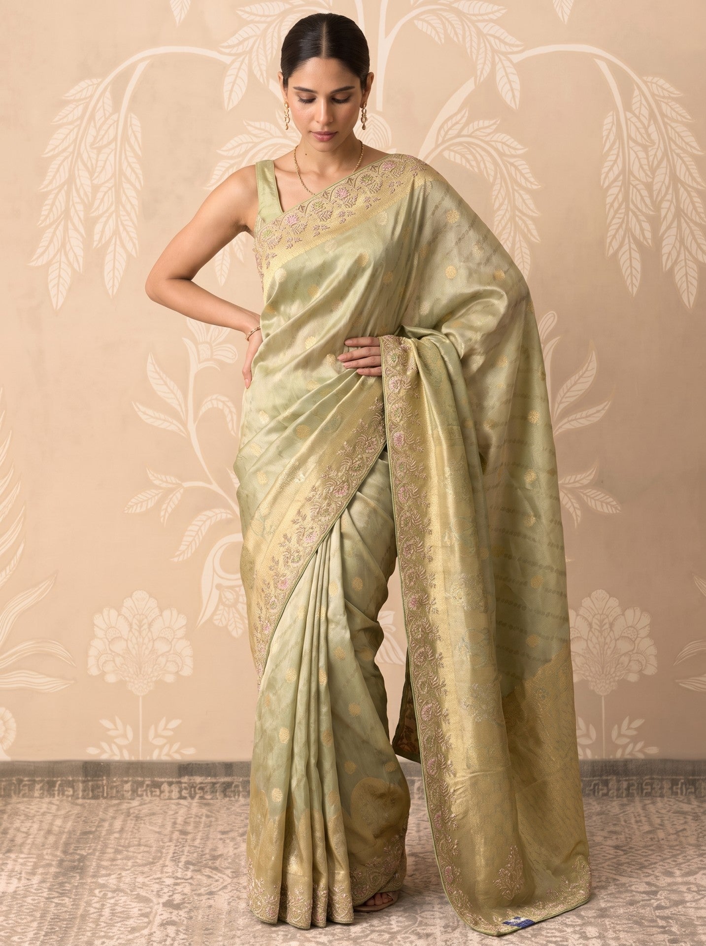Green Tissue Zardozi Work Festive Saree