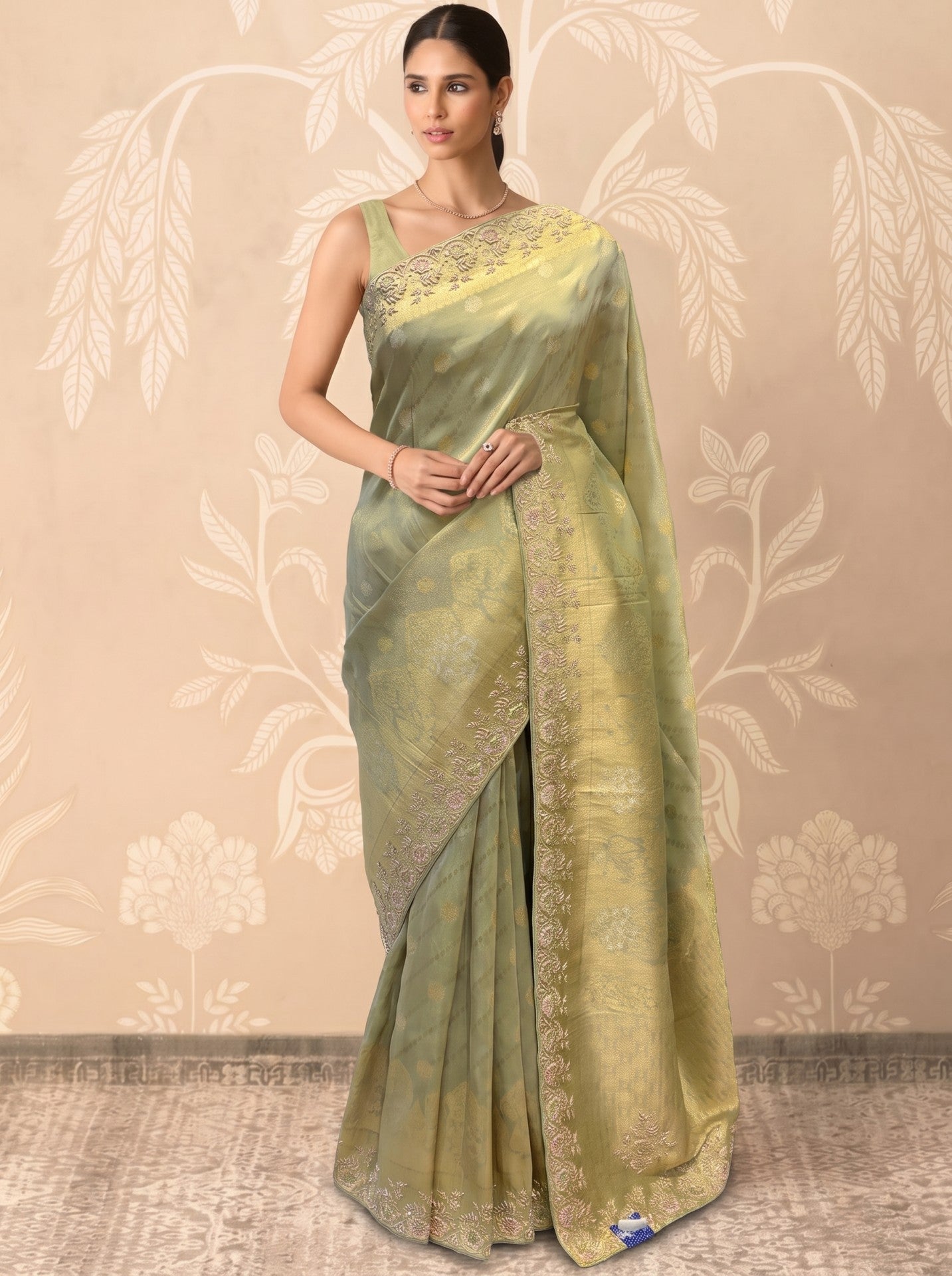 Green Tissue Zardozi Work Festive Saree