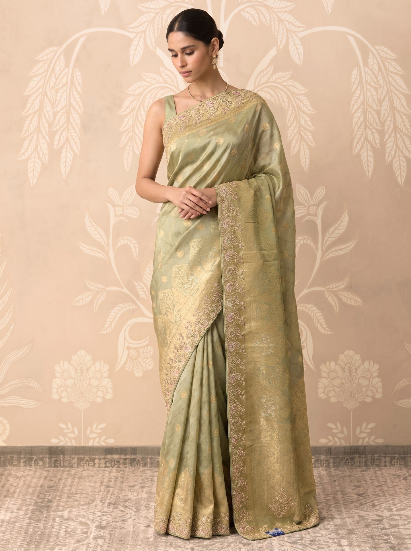 Green Tissue Zardozi Work Festive Saree