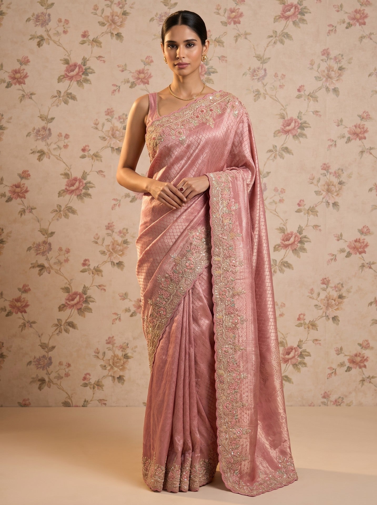 Pink Tissue Zardozi Embroidered Festive Party Wear Saree for Women