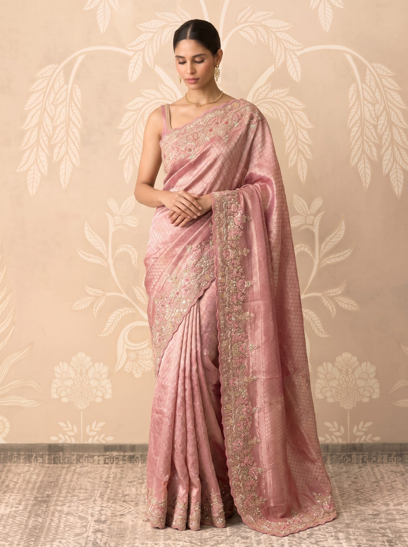 Pink Tissue Zardozi Embroidered Festive Party Wear Saree for Women